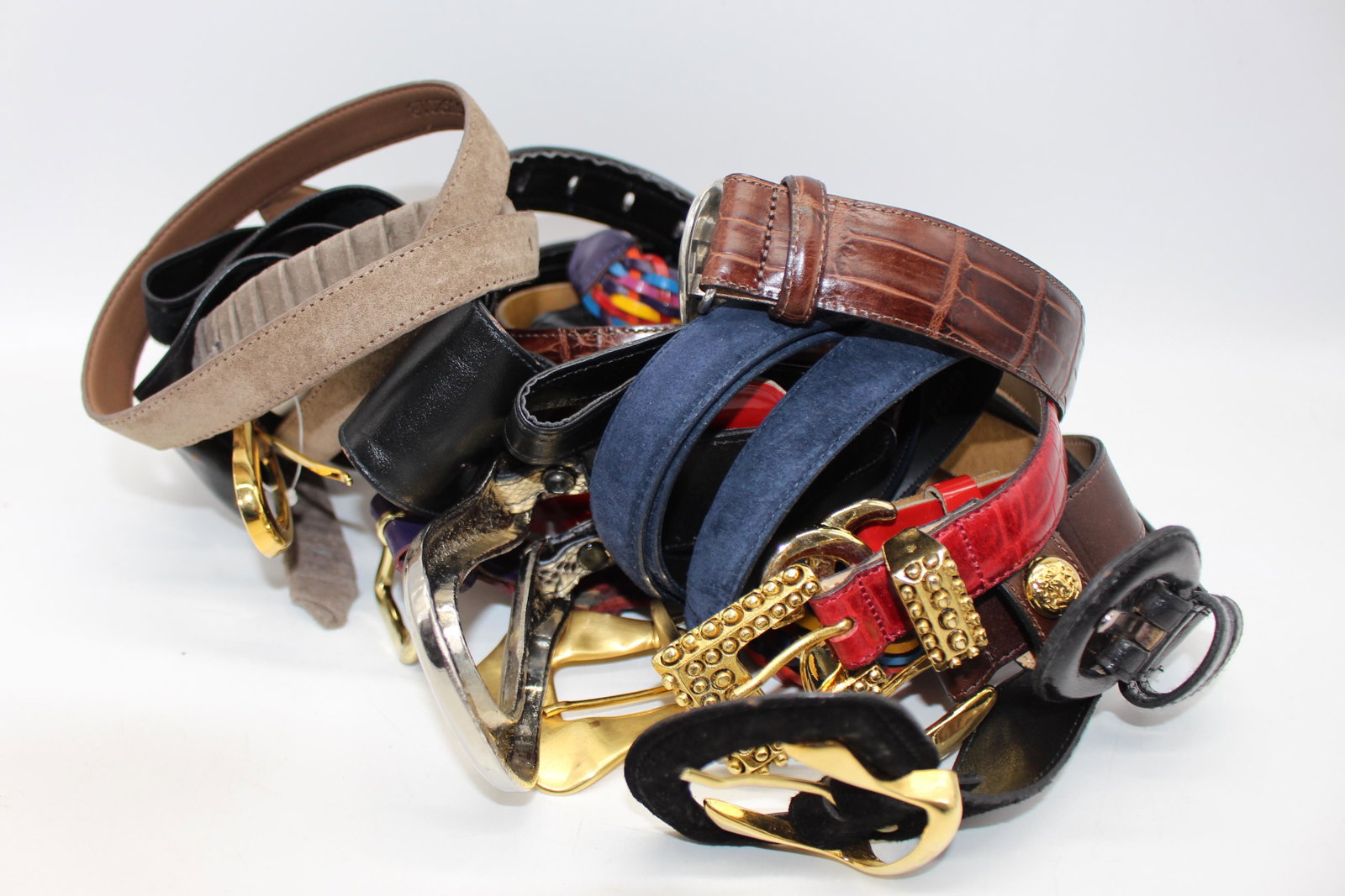 Lot of 12 Vintage Leather & Suede Belts: cheetha print fur, gator, sued, and leather, various sizes