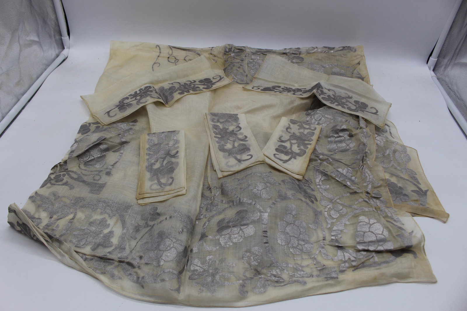 Vintage Hand Stenciled Lunchoen Silk Table Cloth &: approx. 43 x 43 with 5 matching napkins, monogrammed on table cloth, needs cleaning
