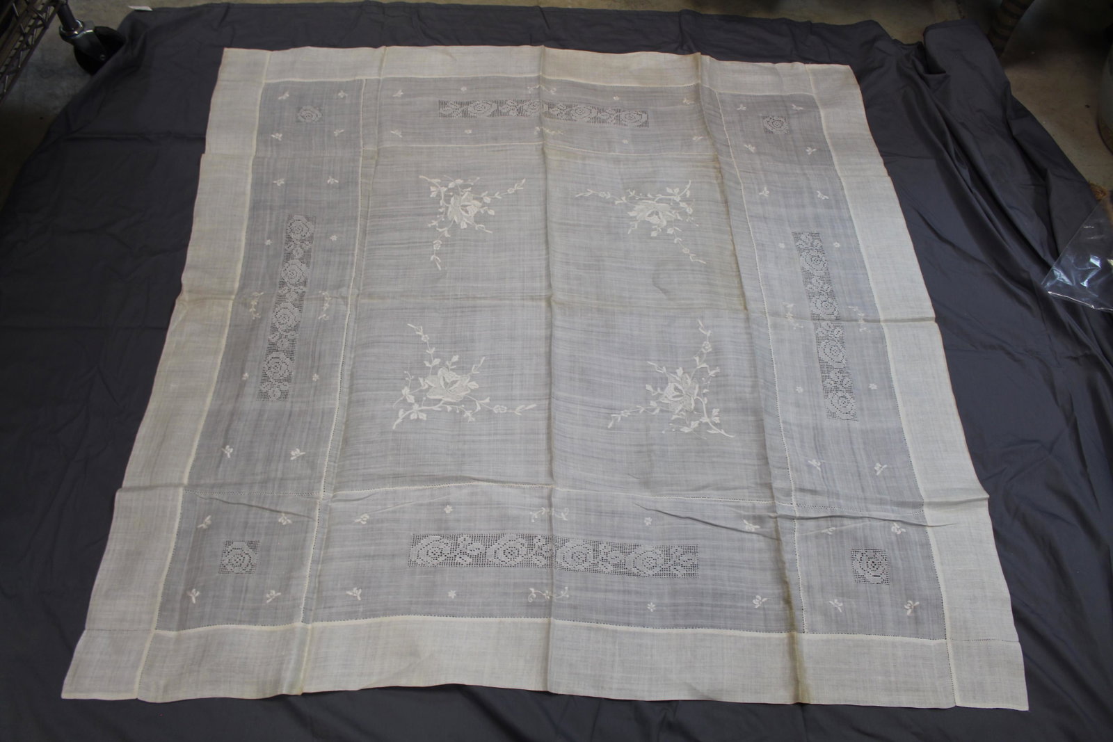Vintage Silk Linen Ebroidered Table Cloth with Lace: approx. 48 x 48, has some soil at folds, otherwise great condition