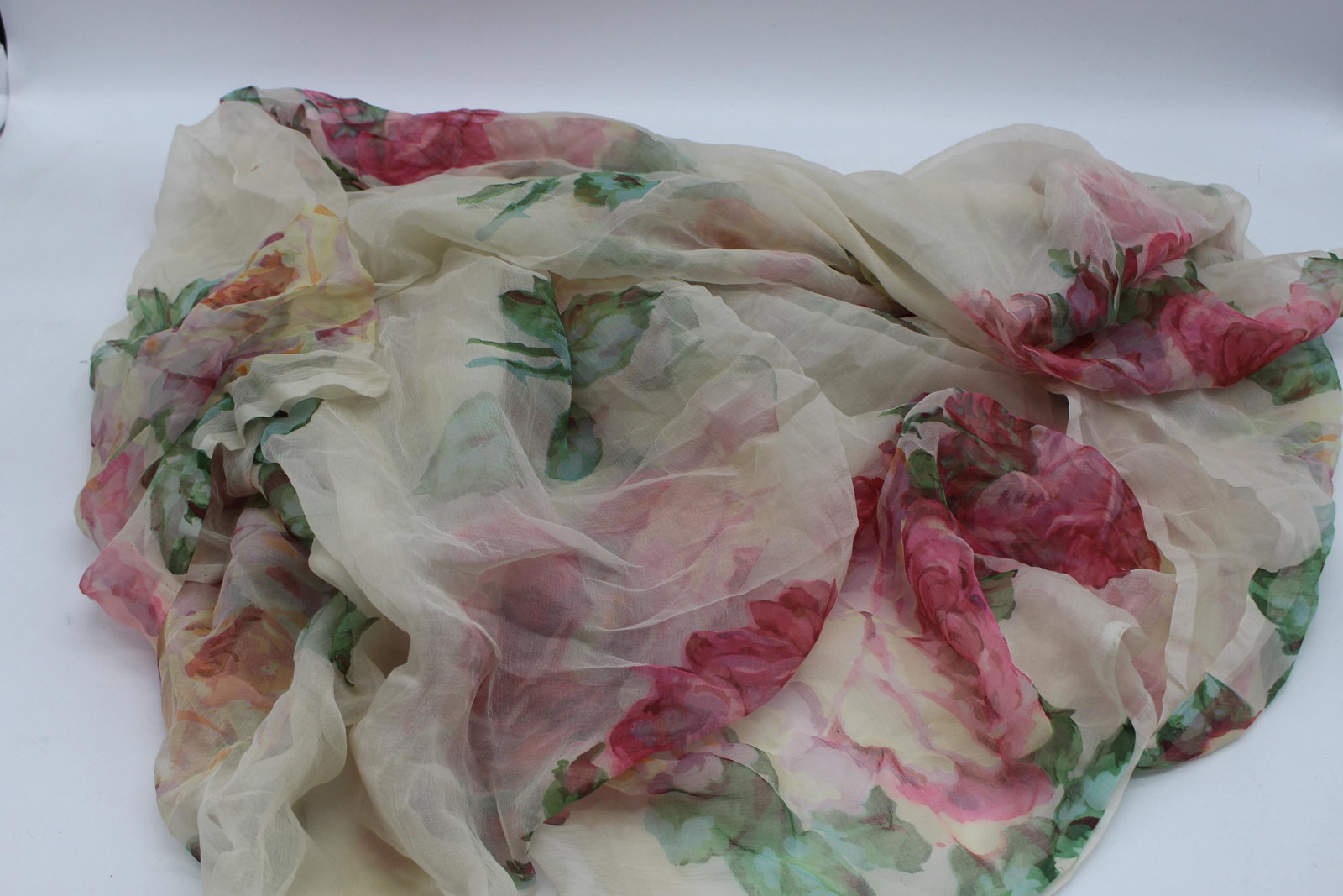Vintage Silk Floral Fabric, 3 yards: approx. 108 inches or 3 yards x 40 inches wide, rose print on silk