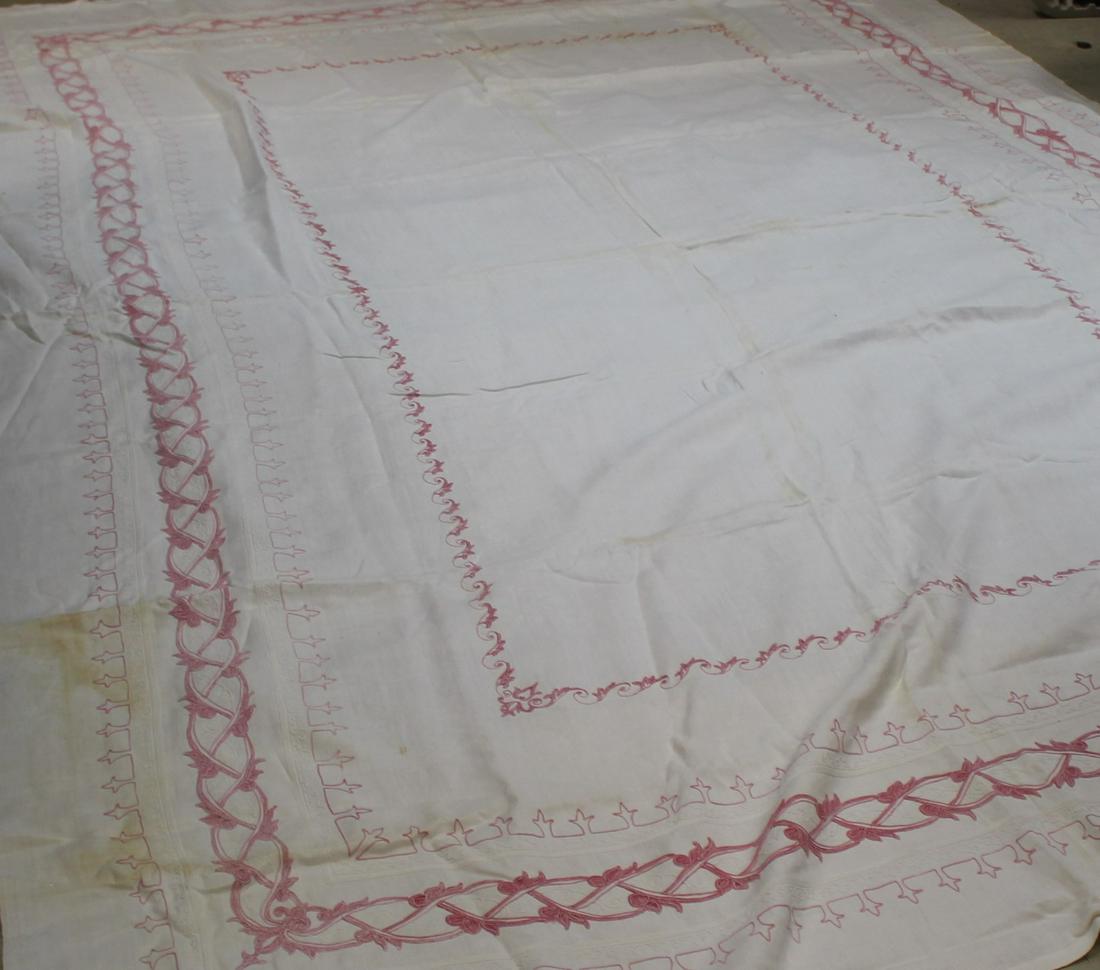 Vintage Turkey Red Embroidered Table Cloth, 116x78: approx. 116 x 78 inches, embroidery has faded to pinkish red, no holes found, some stains see photos