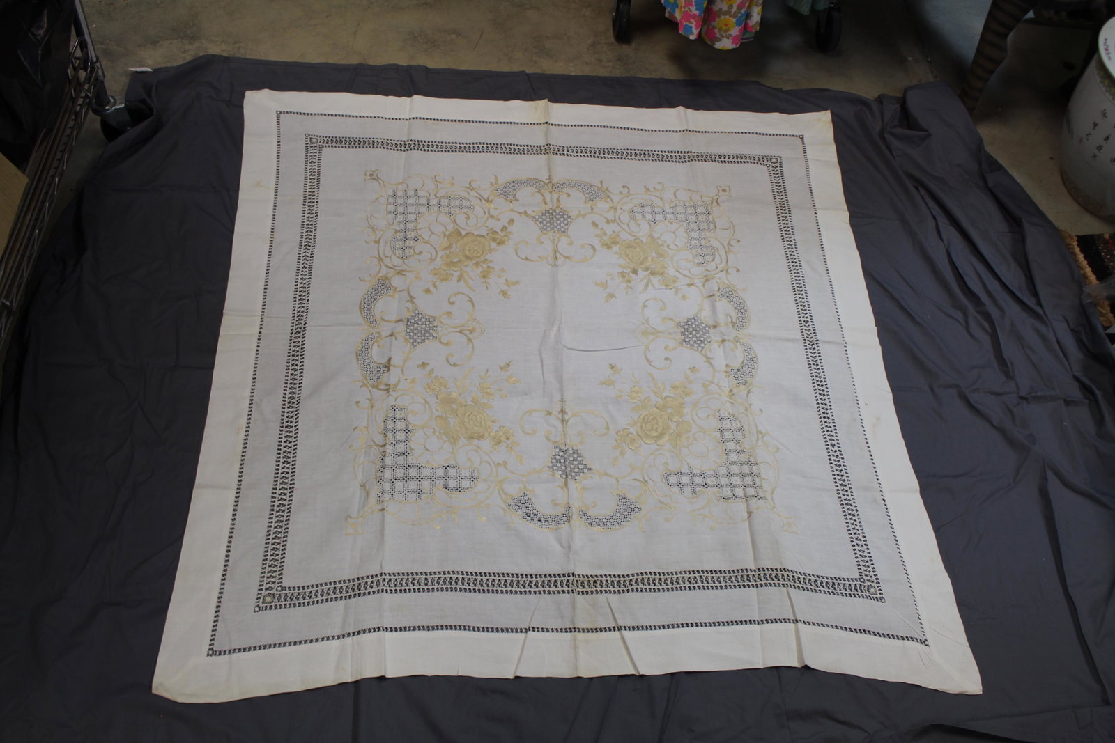 Vintage Lunchoen Table Cloth, Society Silk Embroidery: lace inserts, drawn work and silk embroidery, rose motif, approx. 46 x 50, some fold soil and spots, minor silk thread lose, see photo's