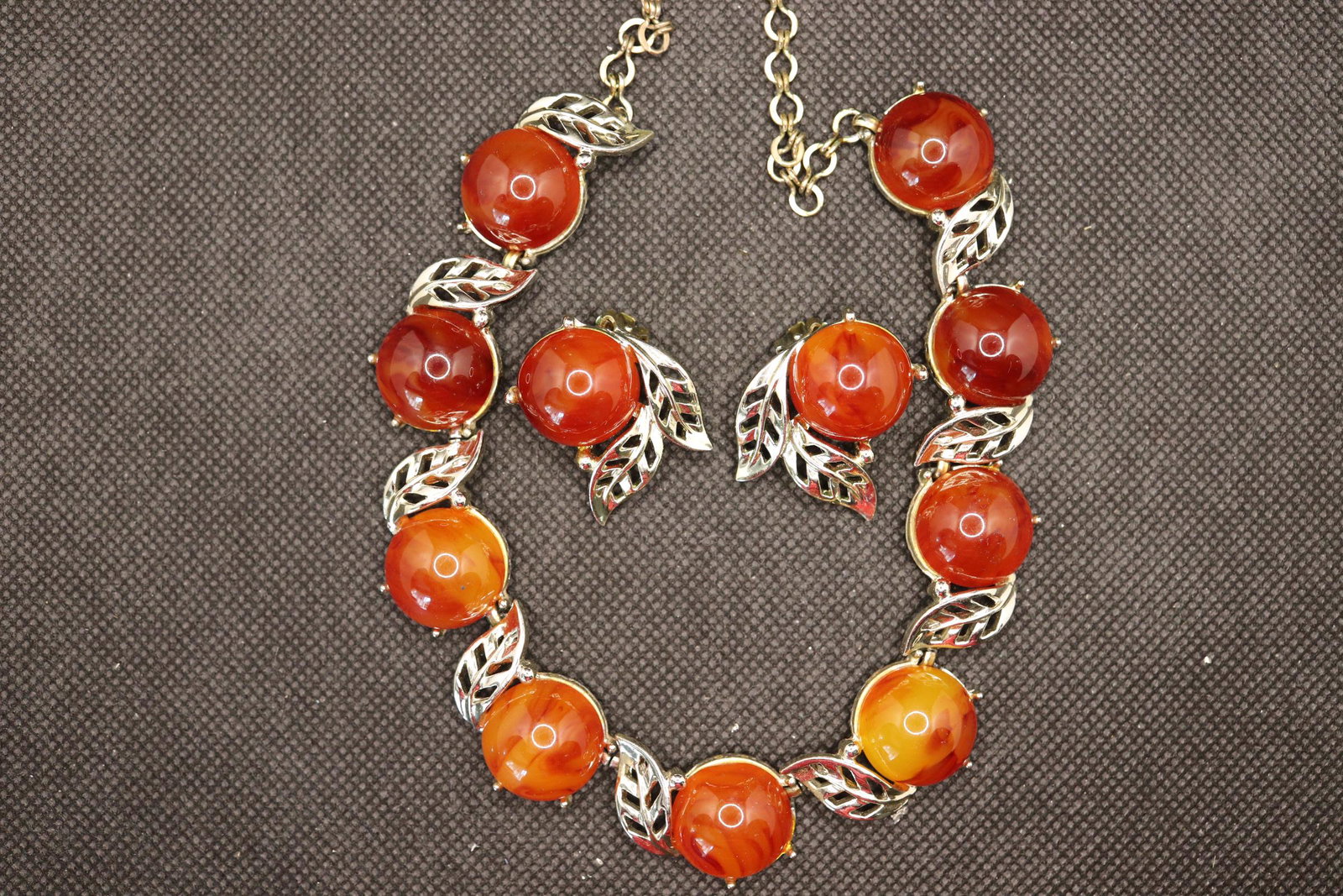 Vintage Charel Bakelite Swirl Apple Necklace & Earring: apple and leaf link necklace in gold tone with amber swirl backlite stones, matching clip on earrings, all 3 pieces signed