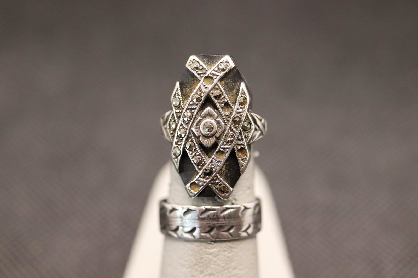Antique Black Jet, Sterling & Marcasite Ring & Sterling: 2 rings one marcasite, some missing stones, the other etched, size 2 1/2 & size 6