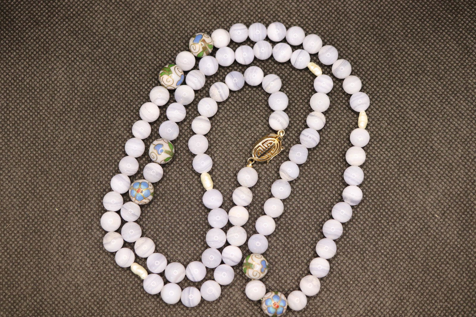 Natural Stone Beads & Cloisonne Necklace, 14k Clasp: light purple natural stone beads, tiny pearls, and cloisonne beads with 14k gold claps with safety, approx. 30 inches long