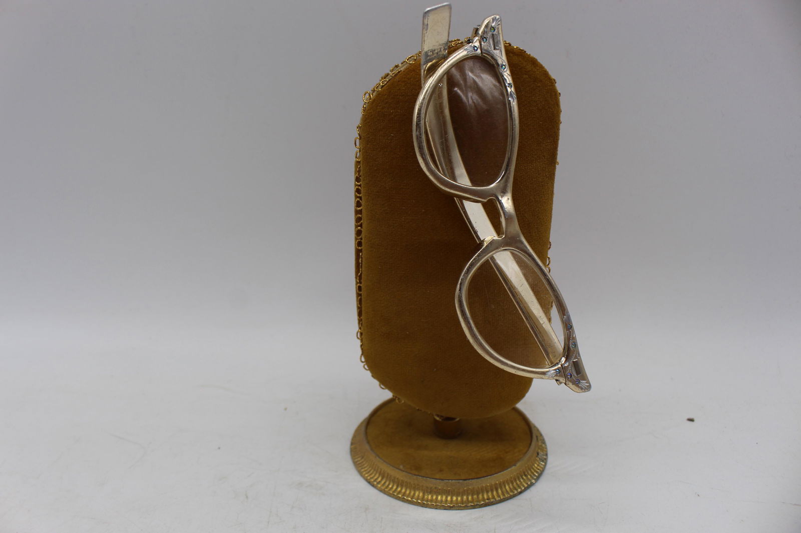 Vintage 1950's Perscription Eye Glasses: cat eye style with tiny irredecant stones, with gold velvet eye glass stand/case