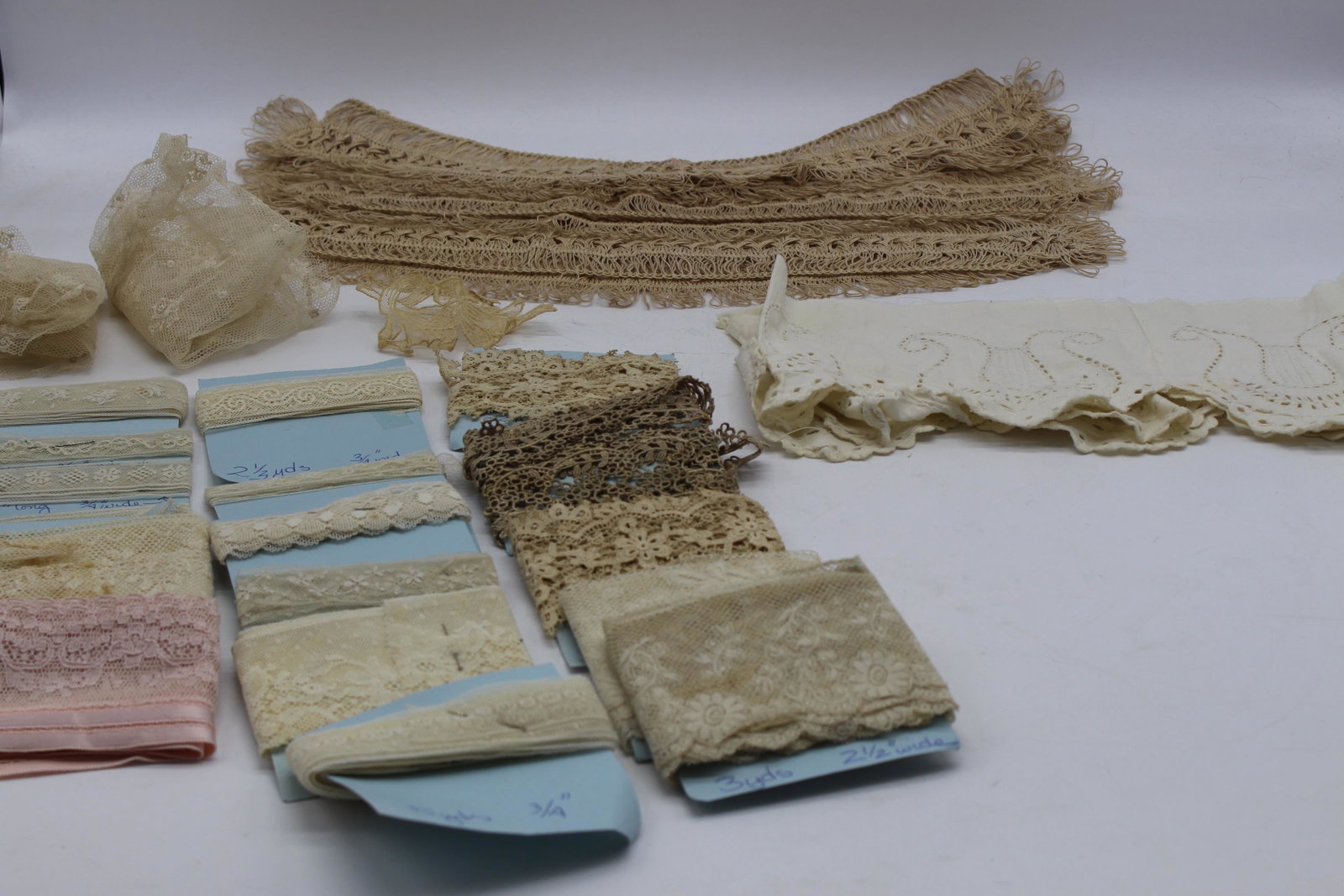Lot of Antique Lace Trim: hand knotted, lace and eyelet trims, some on cards