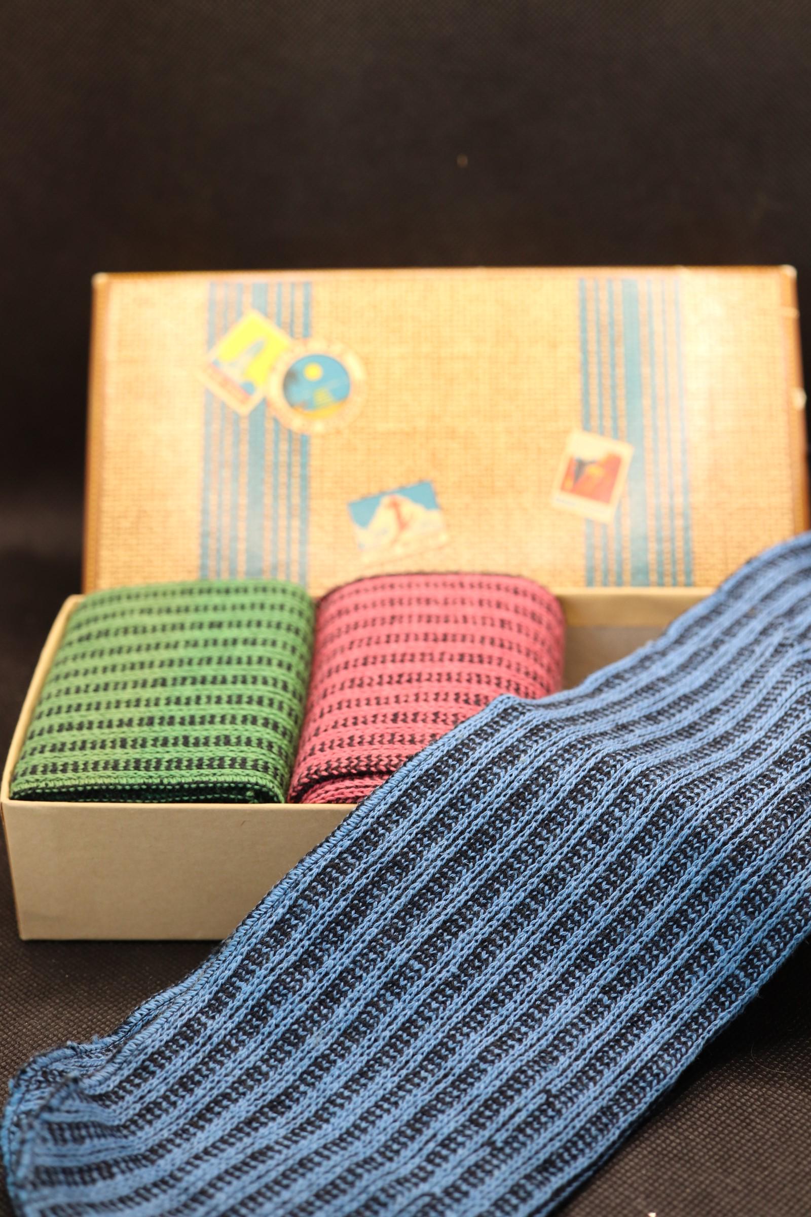 Vintage Box Set of Stockings, 3 Pair in Original Box: Custom knit shoe mittins, Treinis Brothers Inc. Brooklyn NY, green, pink, and blue stripe knit stockings, with draw string tops, no size (fits all)