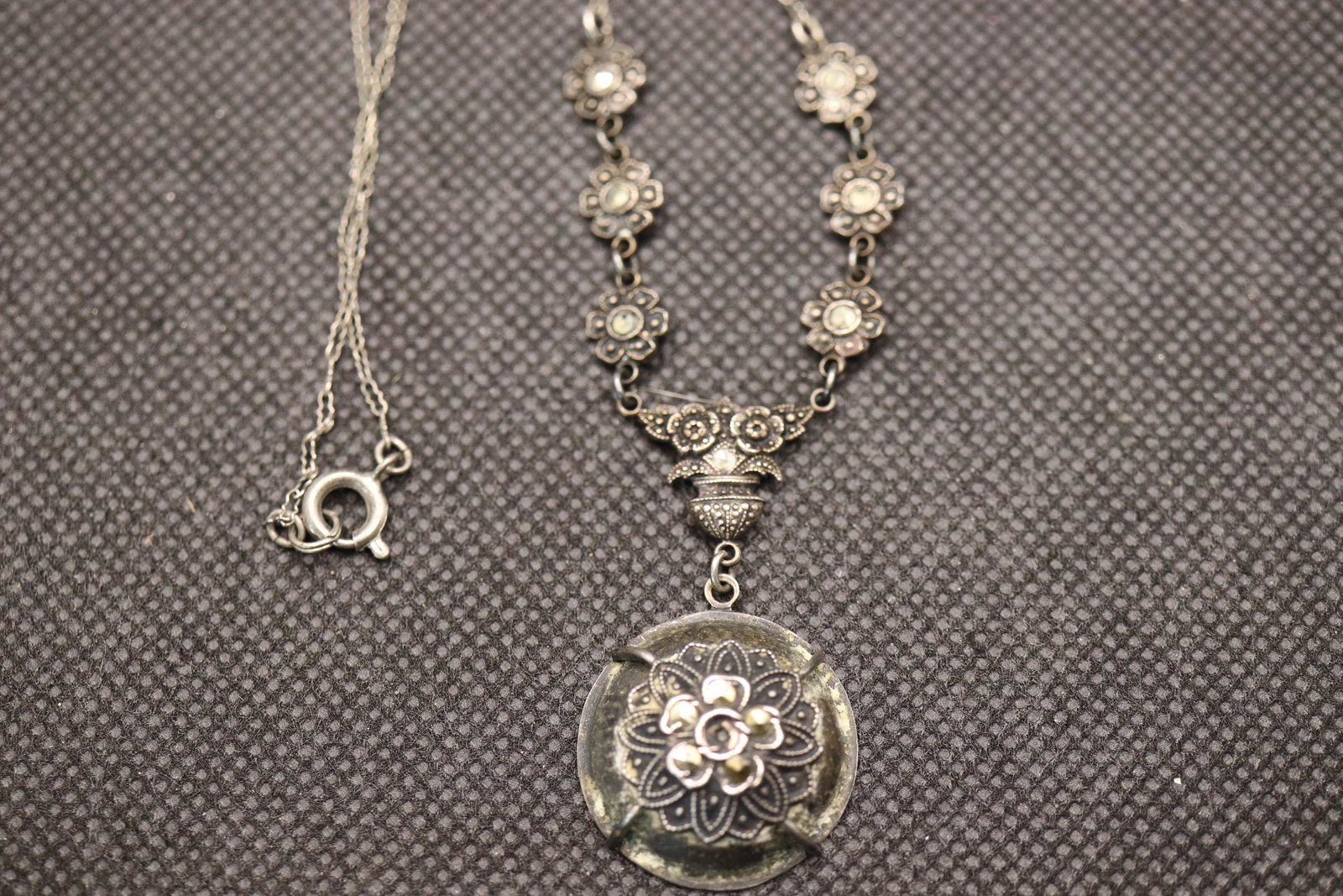 Antique Sterling Silver & Marcasite Necklace & Pendant: approx. 15 inch chain, 1 1/2 inch pendant overall