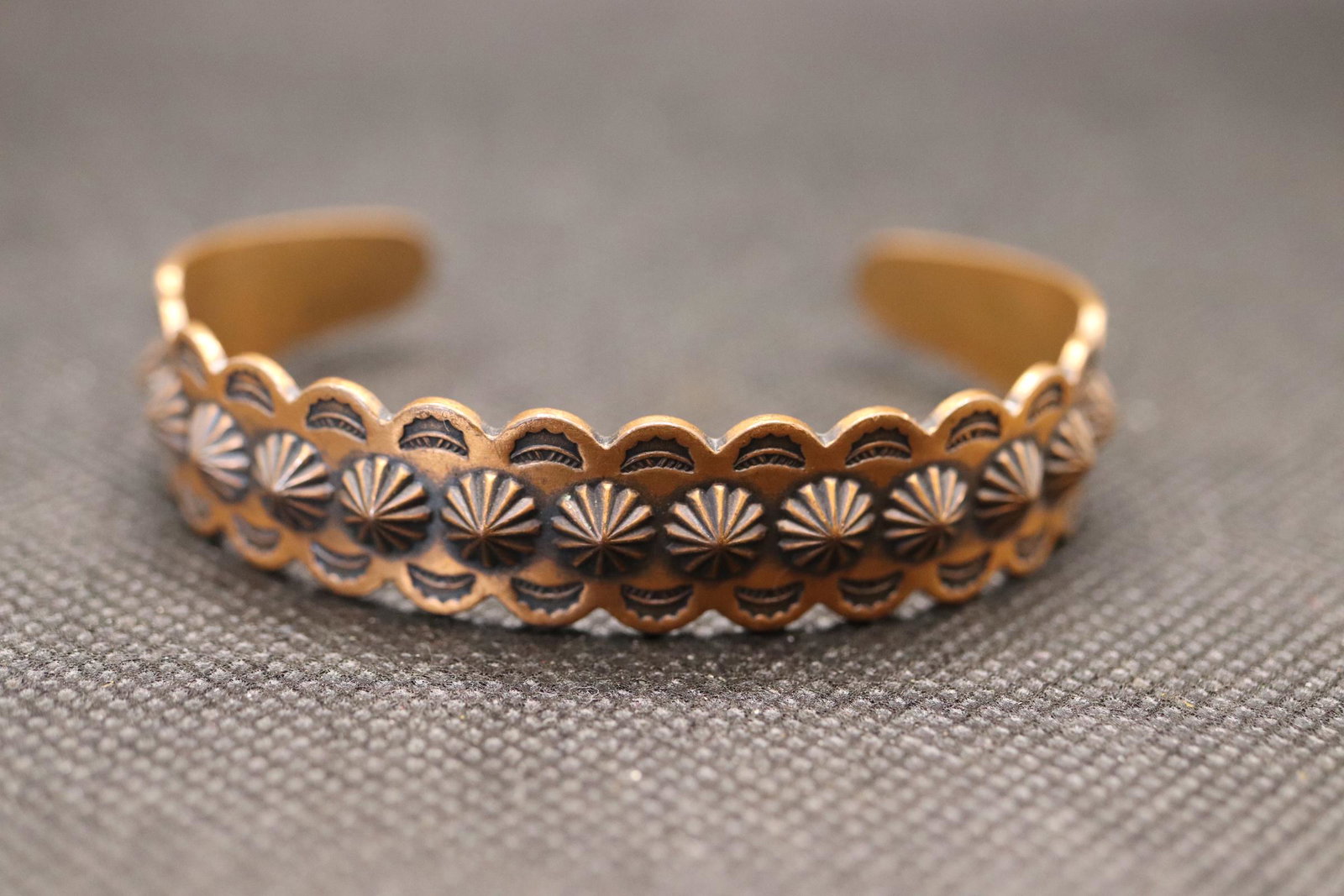 Vintage Copper Etched Bracelet with Arrows: cuff bracelet, raised daisy dots and etched arrow and sheild design on either end