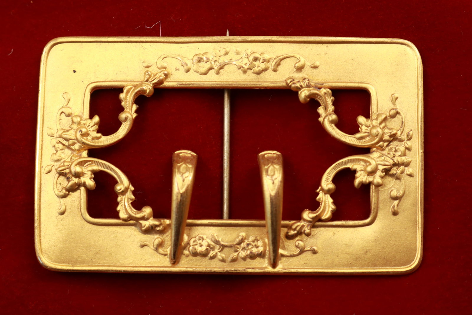 Brass Color Pin Brooch Belt Buckle: This has the look of an old Victorian belt buckle and is worn as a pin/brooch. "C" clasp closure.