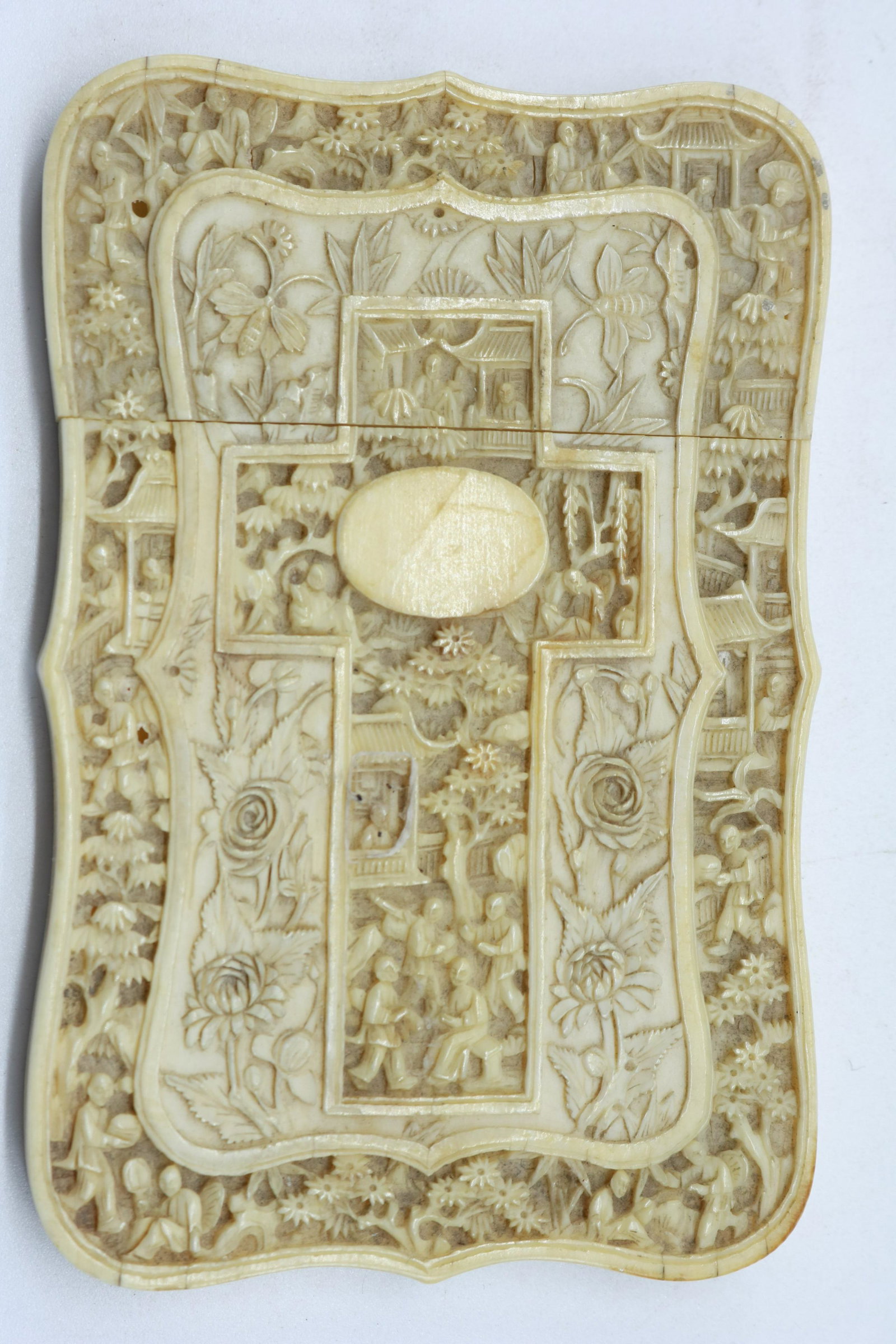 Antique 19c Chinese Hand Carved Bone Card Case: hand carved Chinese bone card case holder, floral and people double sided, approx. 4 1/2 x 3 inches