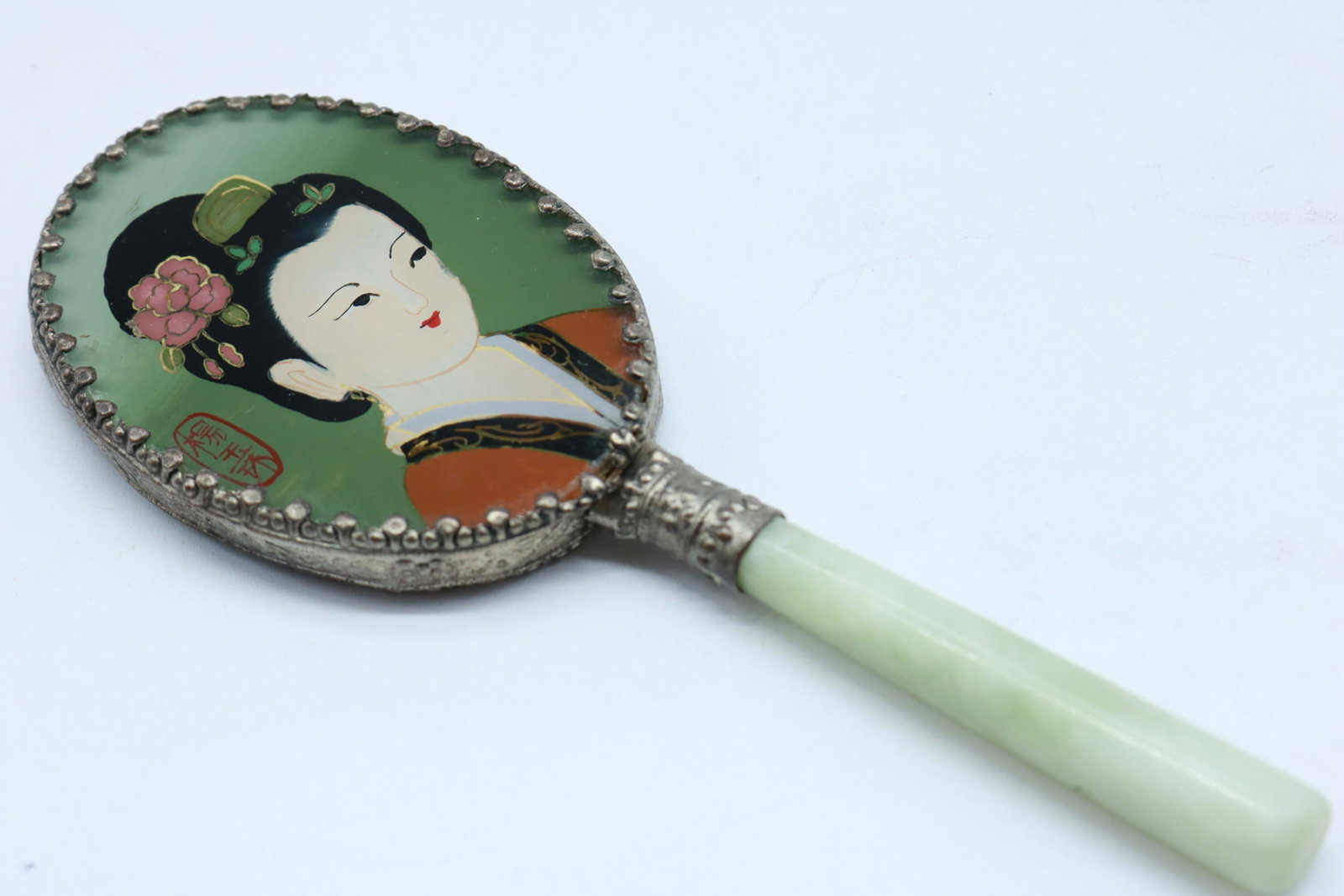 Vintage Geisha Girl Hand Mirror with Jade Handle: hand painted and signed geisha girl hand mirror with jade handle