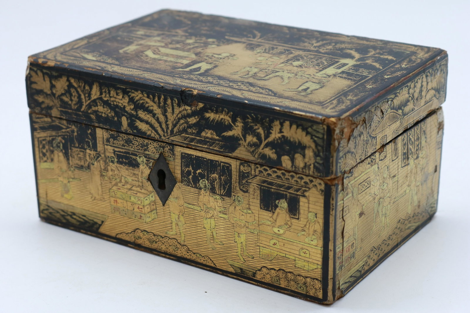 Antique 19th Century Chinese Lacquer Wood Tea Box with: hand painted lacquer box with engraved pewter box inside, with bone handle/knob, old skeleton key lock (no key) approx. 6x3x4