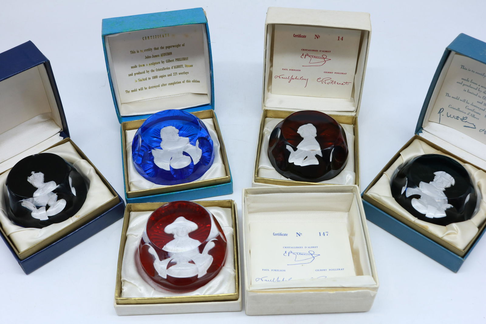 Vintage Gilbert Poillerat Cristal D'Albret France Paper: Five crystal paperweights in this lot include: Paul Revere, John Paul Jones, Jinny Lind, John James Audubon, H.R.H. Prince Charles of England. All in original boxes.