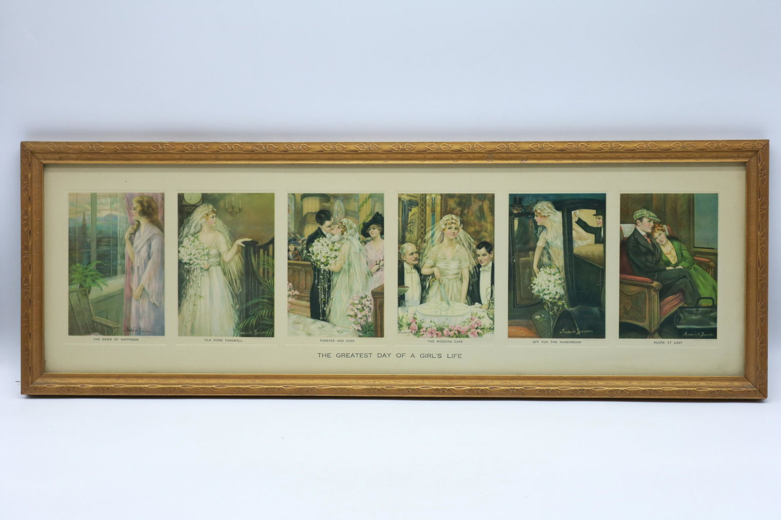Vintage The Greatest Day of a Girl's Life Print: A fantastic montage of vignettes from a wedding day. Stunningly set in original Art Deco frame. So lovely. Measures 9.5" x 27" in excellent condition and ready to display or gift the bride with it!