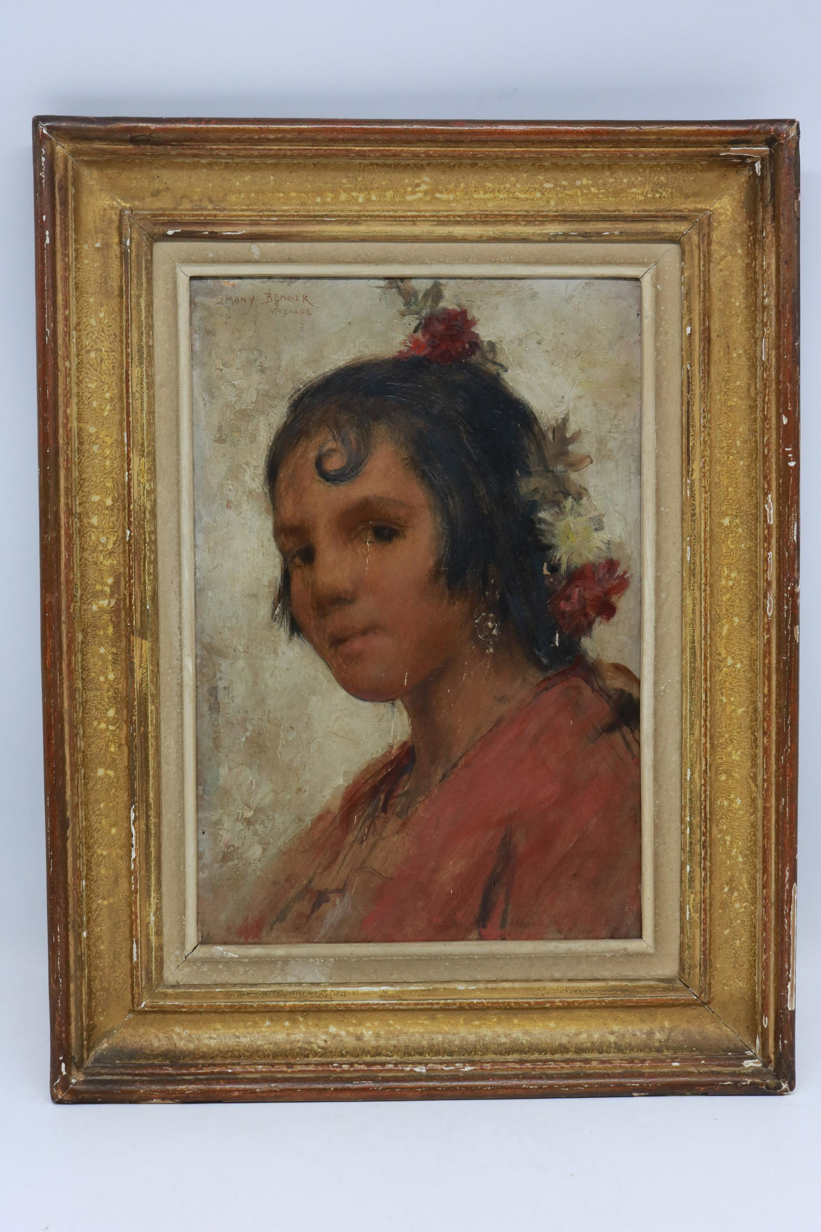 Antique Oil on Board Mary Benner Grenade - Listed: Beautifully rendered young woman with flowers in her hair. Measures overall 14.75" x 19". Painted area is 9.25" x 13.25"
