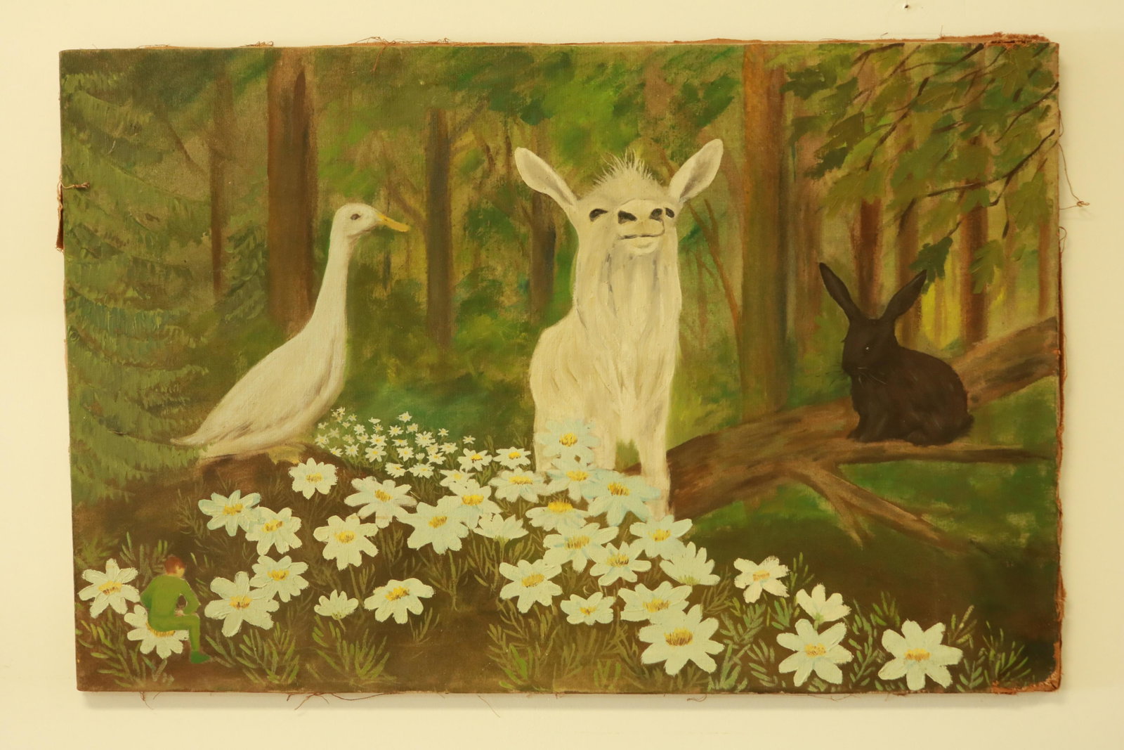 Vintage Original Oil Painting on Canvas Naïve Woodland: A field of daisies with a duck, bunny rabbit and an alpaca or llama taking center stage. This large painting is unsigned, possible book illustration. It measures 26" x 40"