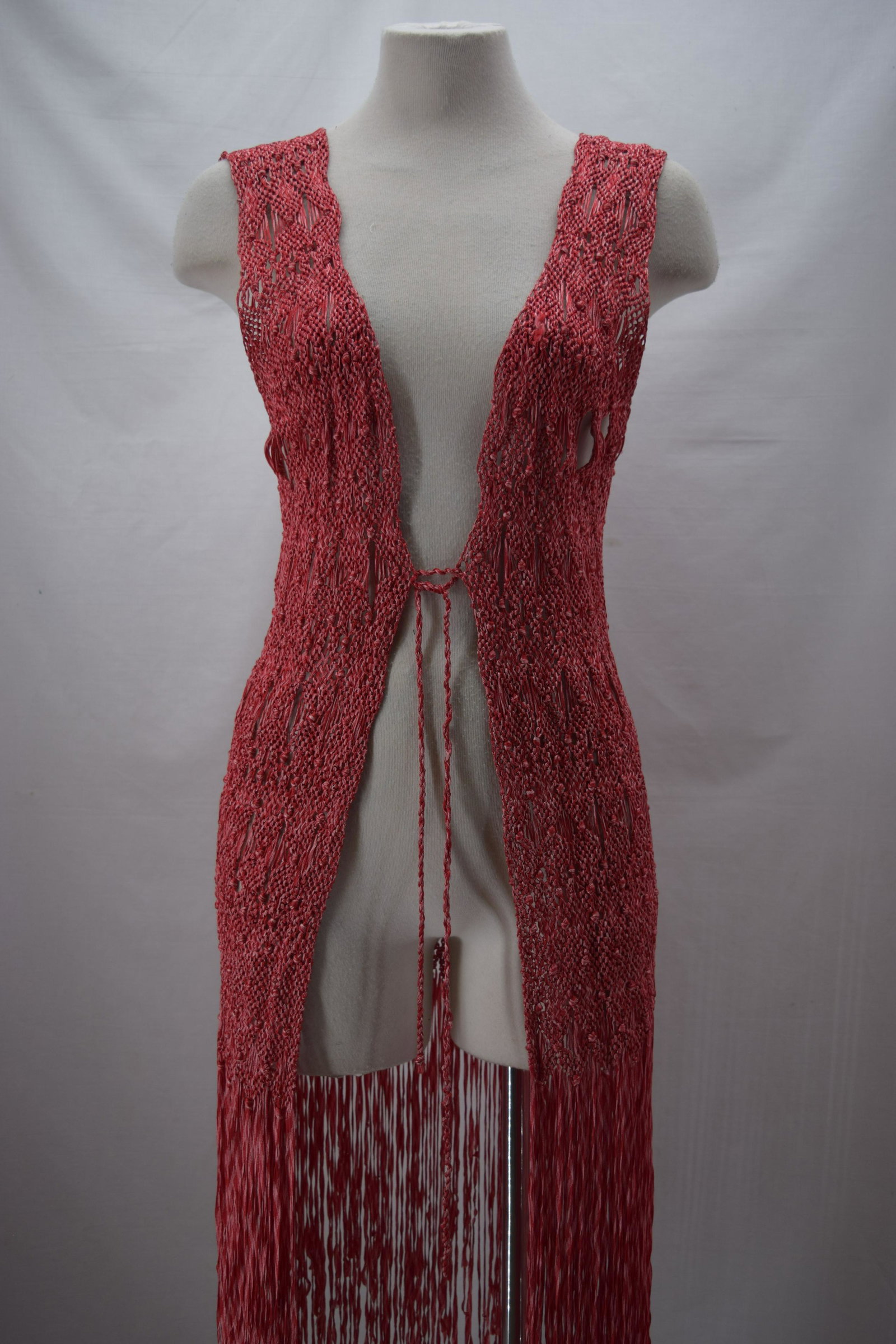 1920'S MACRAME RED SILK RIBBON VEST WITH FRINGE: BUST 36 LENGTH 45, Fabulous long fringed vest in great condition