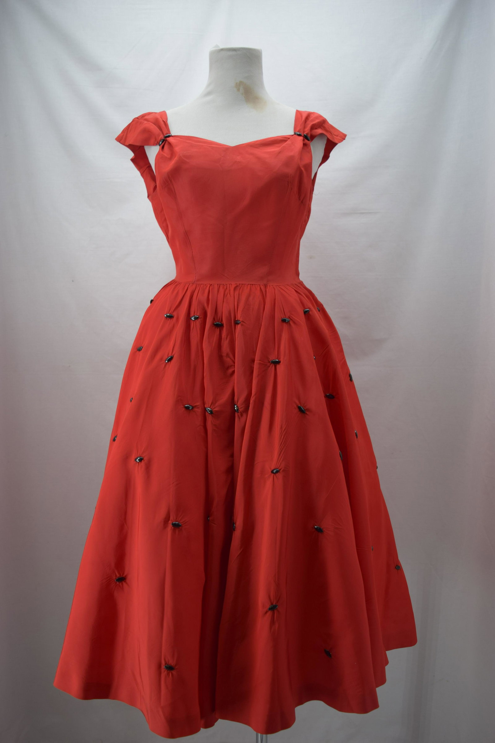 Vintage 1950's Red Taffeta, Party Dress with Beading: red taffeta with large black jet beads over skirt, sweetheart neckline, sleeveless, full gathered pouf skirt, approx. 34 bust, 26 waist, slight underarm wear, some seam repair needed