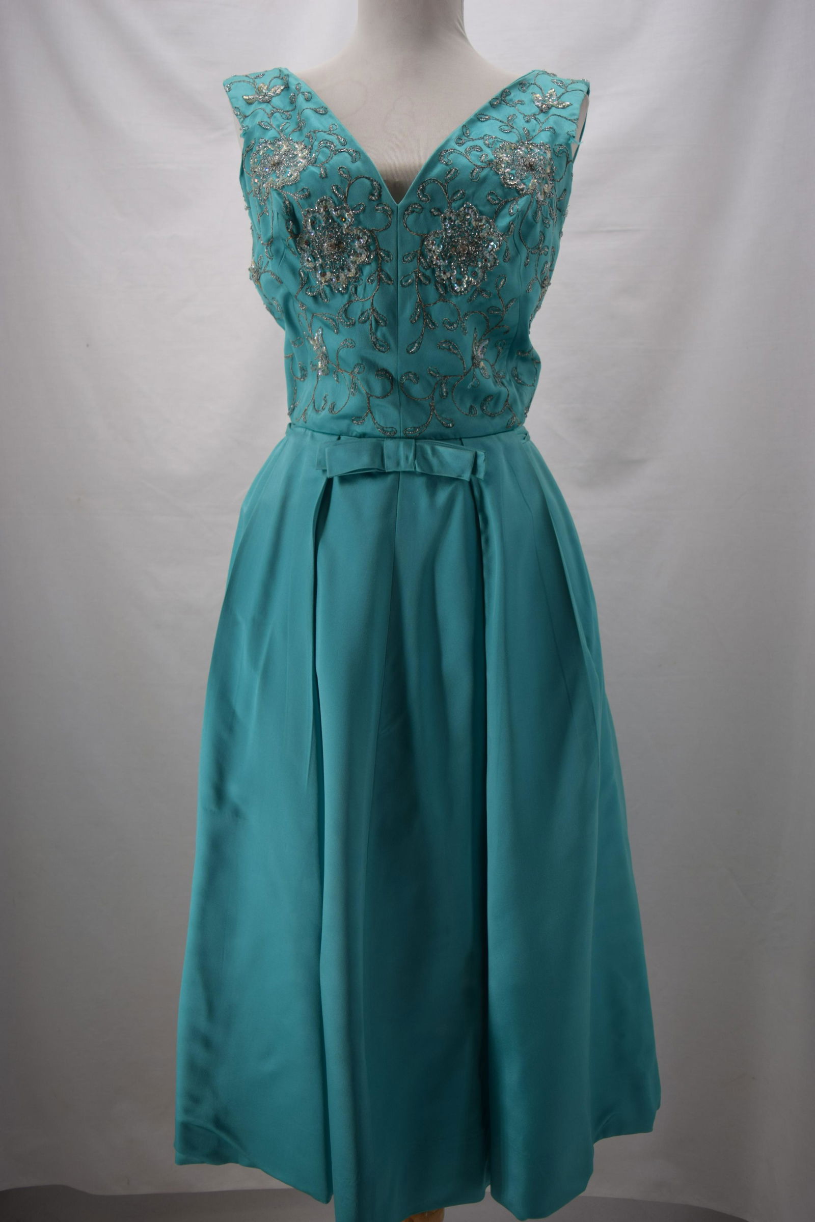 Vintage 1950's Beaded & Sequin Aqua Satin Party Dress (1 of 12)