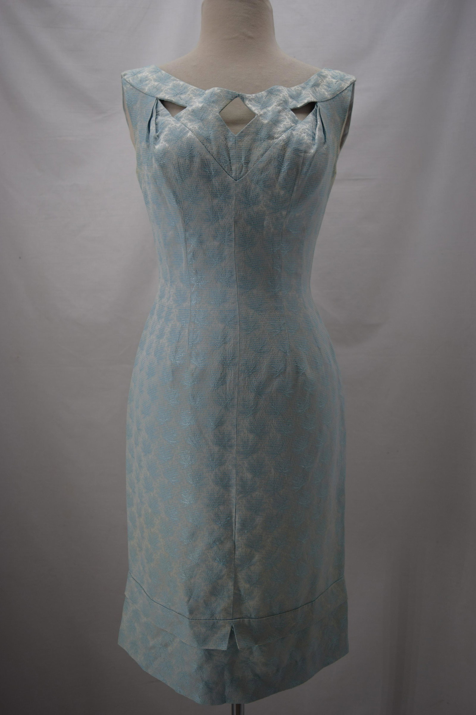 Vintage 1950's Alix of Miami Brocade Body Con Dress: lightweight blue brocade leaf and silver design, sleeveless, scoop collar with peek-a-boo front, flat over trim at hem, low zippered back, approx. 34 bust, 26 waist, 36 hips, great condition
