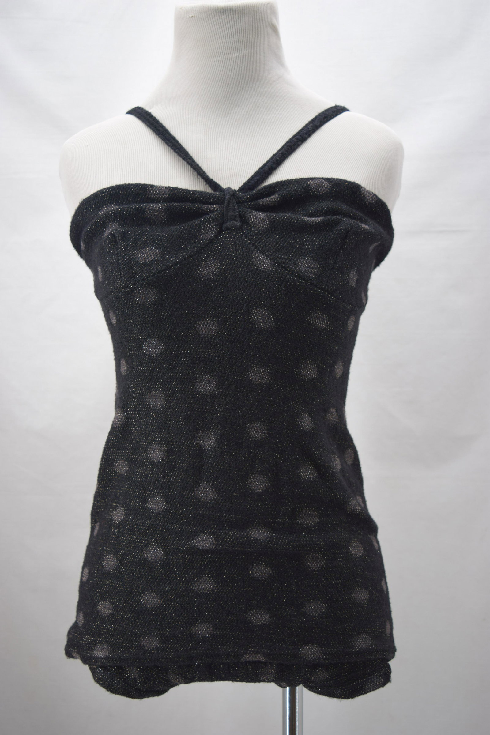 Vintage 1950's CATALINA Metallic Knit Bathing Suit: ladies size 36, black knit with gold metallic thread and dot design, adjustable tie straps, great condition, says fits 125/140 weight