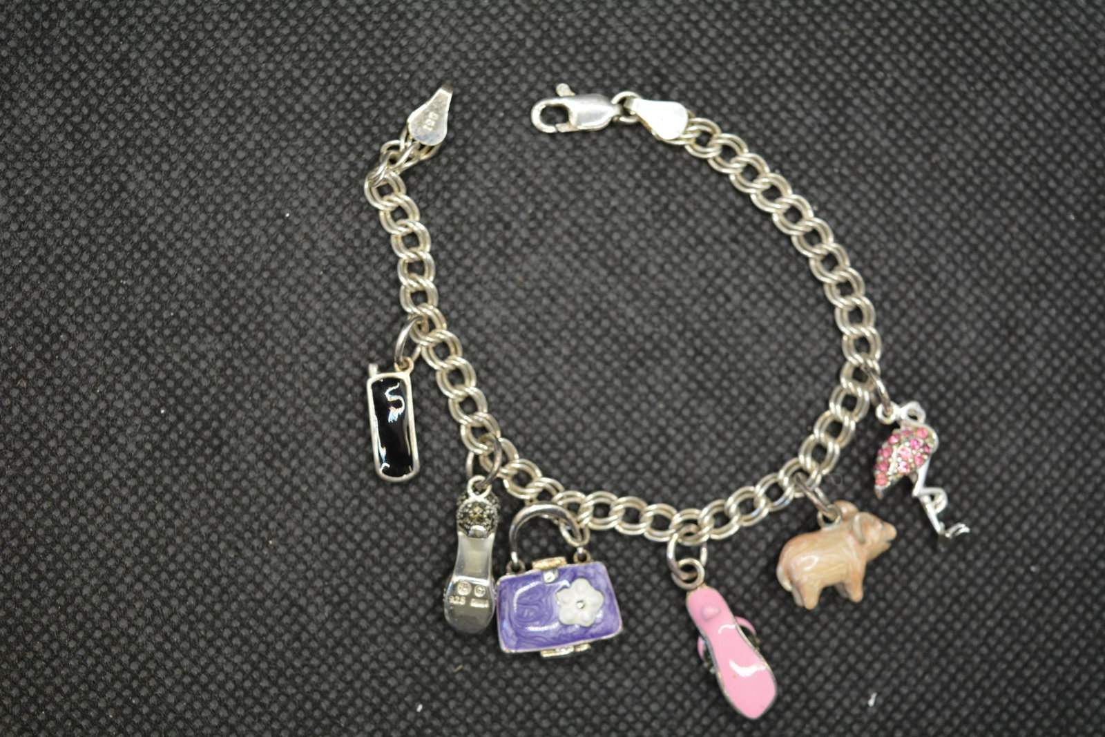 Sterling Charm Bracelet with Enamel & Rhinestone Charms: rhinestone shoe and flamingo, enamel cell phone, purse, sandal and pig, approx. 6 3/4 inches
