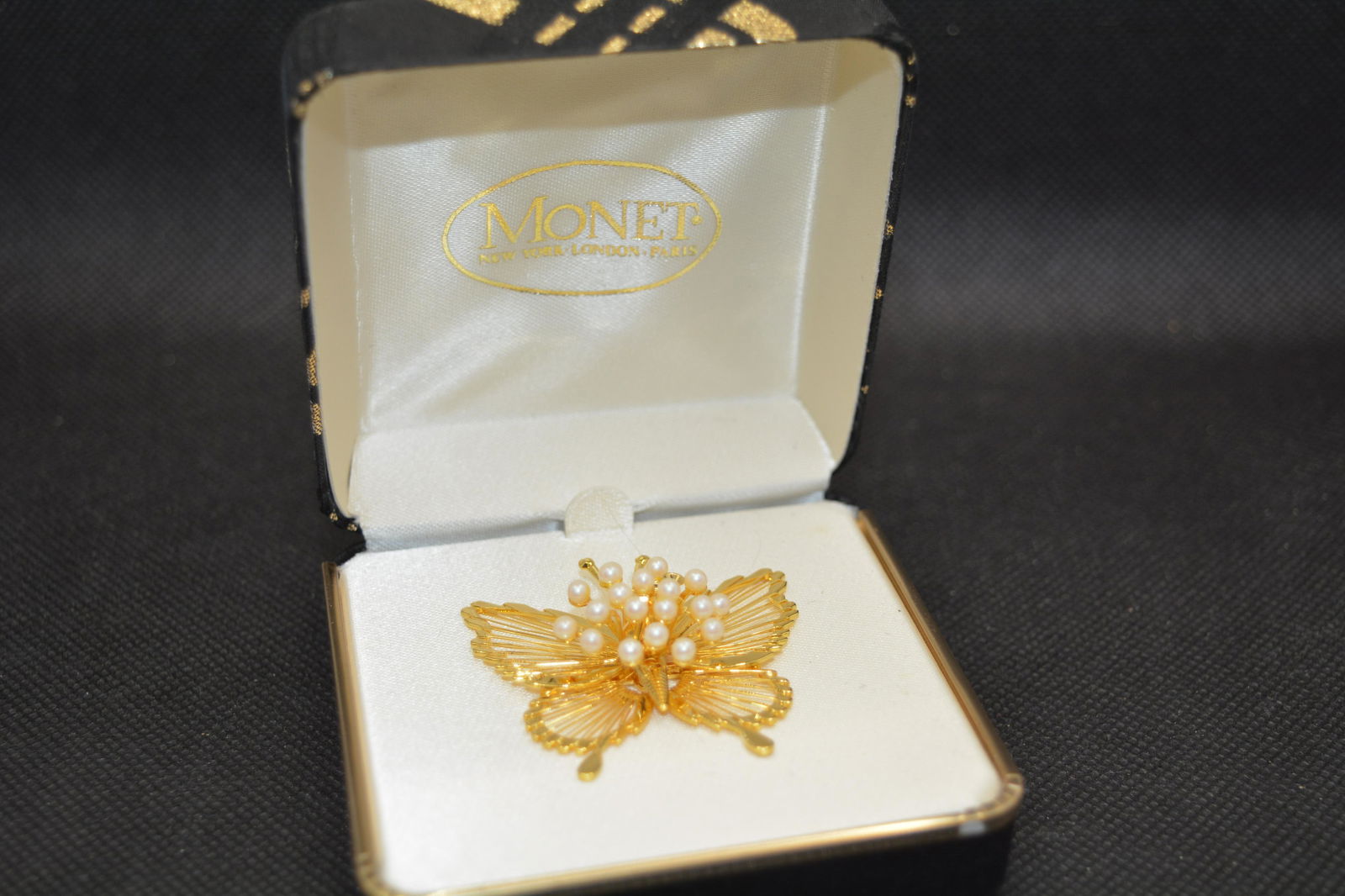 Vintage Monet Butterfly Brooch in Original Box: never used, Monet butterfly gold tone brooch with pearl beads in original box