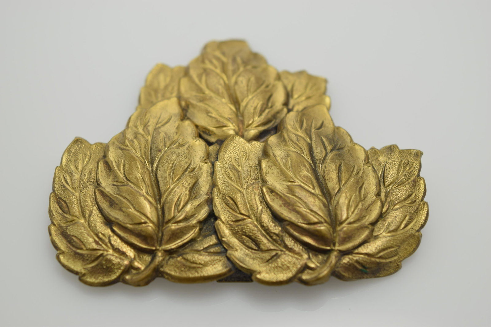 Large Victorian Sweater Clip: gold tone leaf design, approx. 2 1/2 x 2 3/4 inches