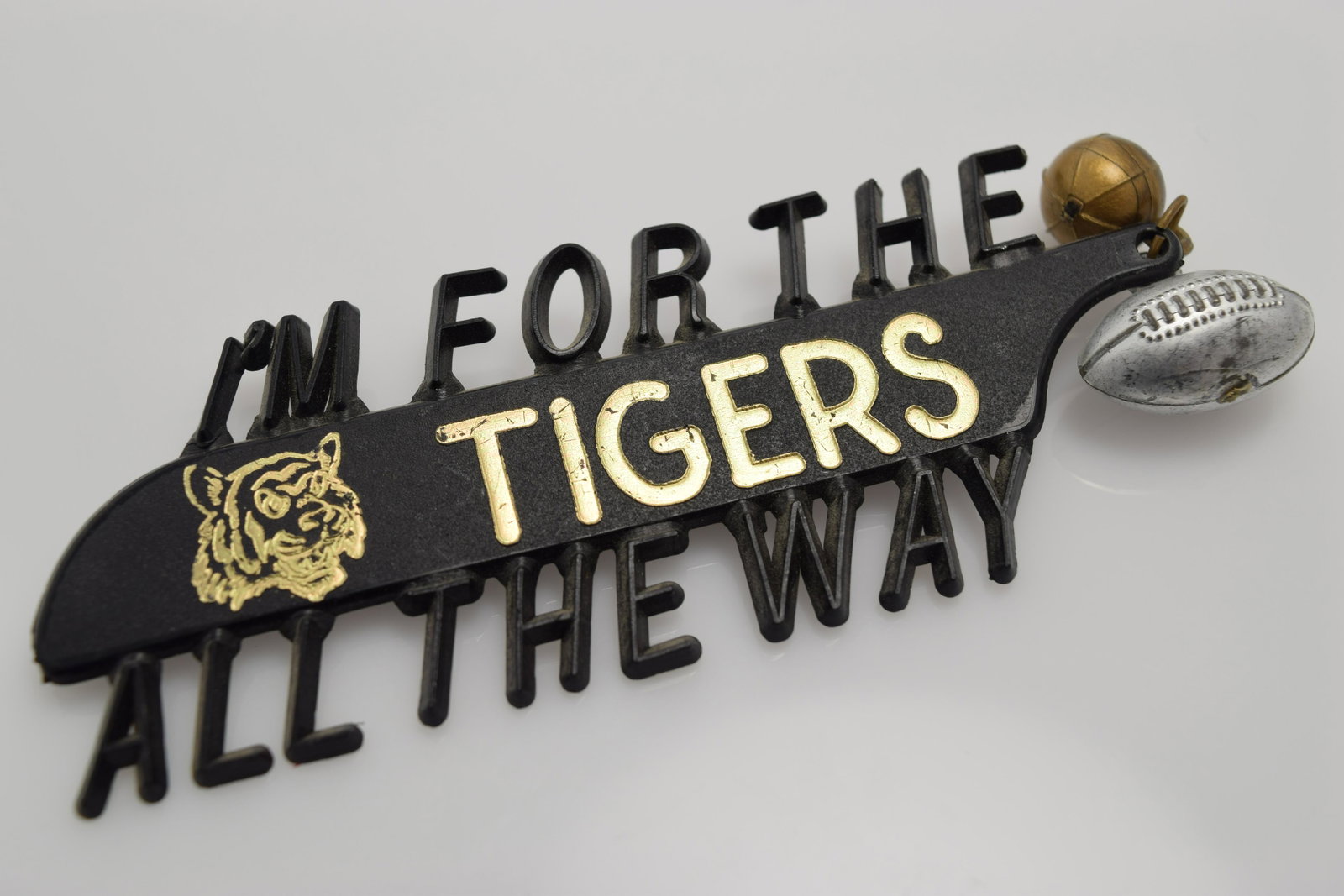 Vintage Pennant Box Co. "I'm for the Tigers" Brooch: I'M FOR THE TIGERS ALL THE WAY, plastic brooch by the Pennate Box Co, approx. 4 1/4 inches long