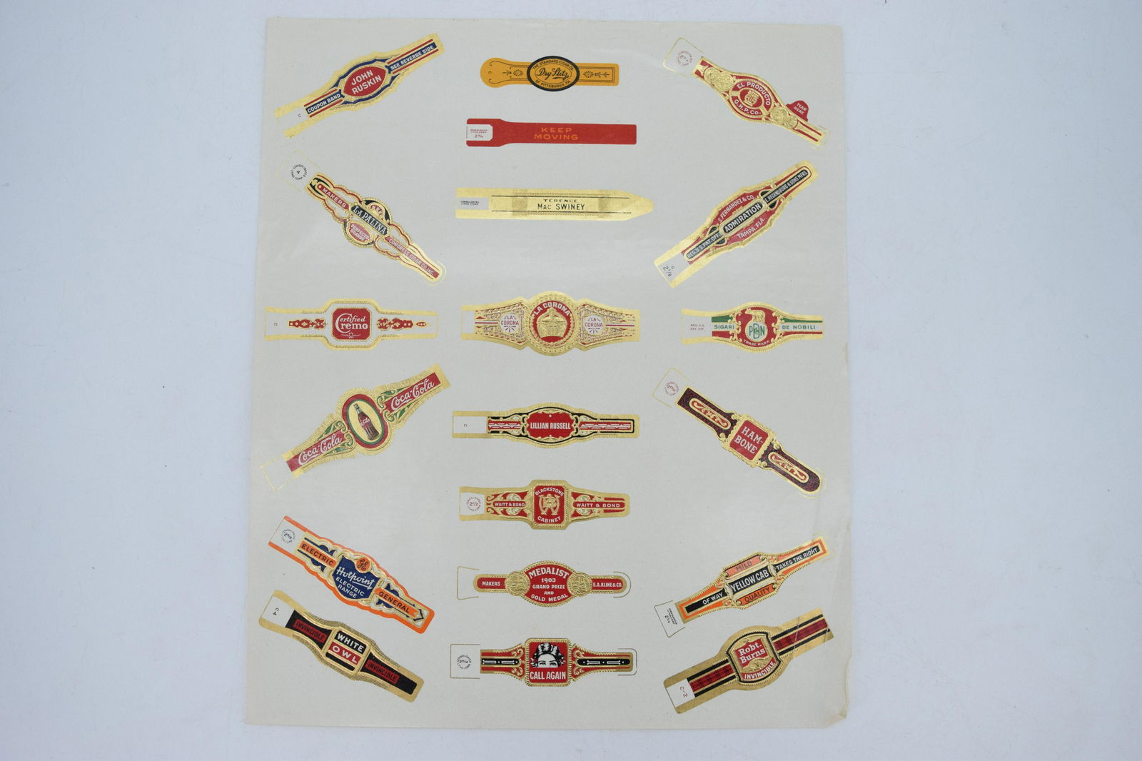 Vintage Cigar Labels, including Coca Cola: lot of vintage labels on original sheet