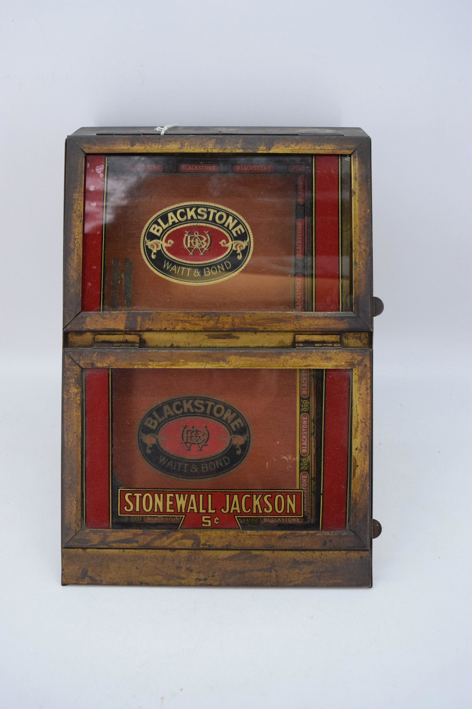 Antique 5 Cent, Stonewall Jackson Cigar Display/Case: metal case with 2 door glass front, with 2 other black stone cigar boxes, store display with lever in back that unlocks the front doors, approx. 14 tall, 10 1/2 across, 9 deep