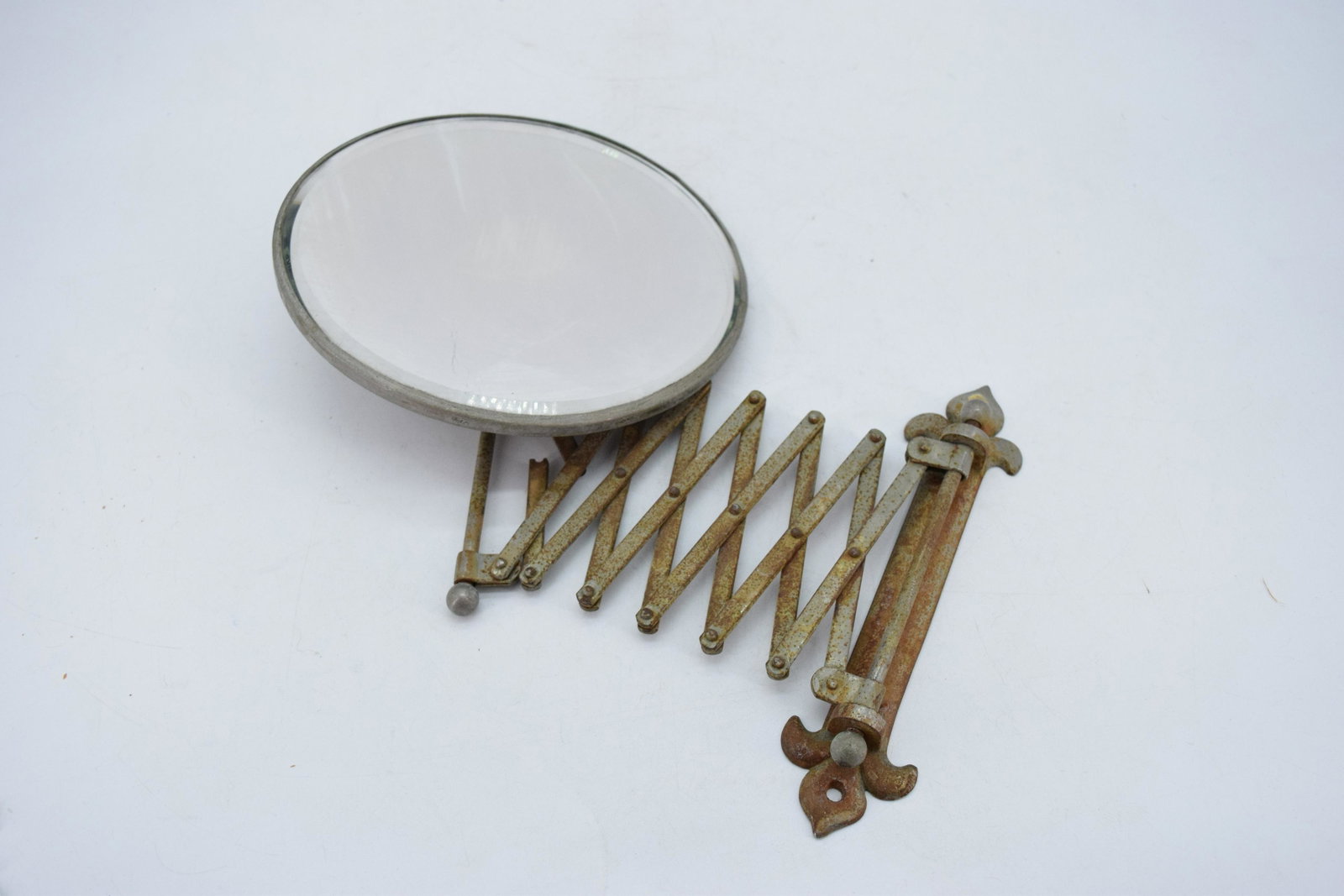 Antique Shaving Mirror with Wall Mount: great antique accordian style wall mount with belveled glass mirror, approx. 8 inch mirror