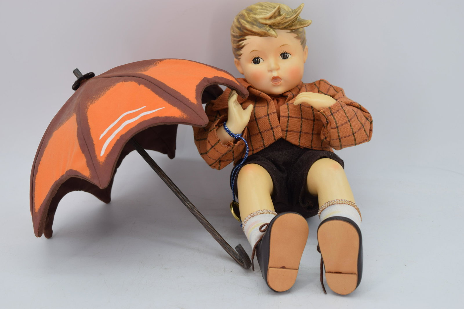 Vintage Hummel Goebel Umbrella Boy Doll: approx. 8 inches seated, 14 tall