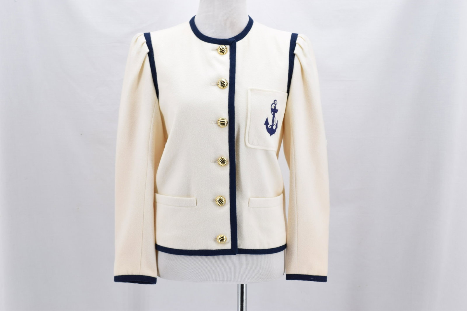 Vintage 1980's Saint Laurent, Rive Gauche, Wool Anchor: Button front cream color wool with navy blue trim, anchor decoration on pocket, approx. 34 bust, good condition