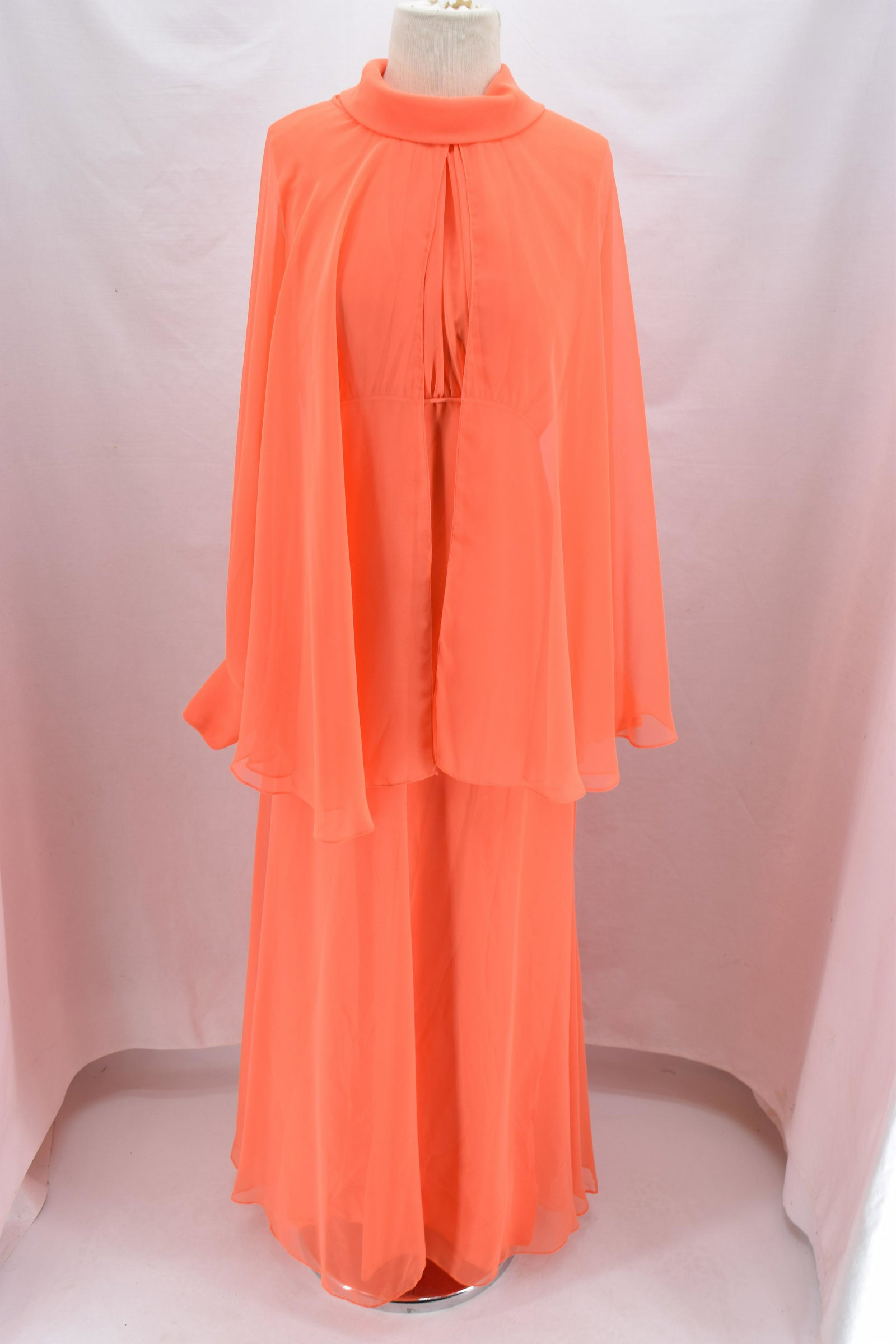 Vintage 1970's Salmon Sheer Nylon 2 Piece Gown: sleeveless gown with sheer long batwing sleeves cape style jacket, rolled cowl neck dress with gathered bodice and full length free flowing skirt, approx. 38 bust, 35 waist, needs seam repair on skirt