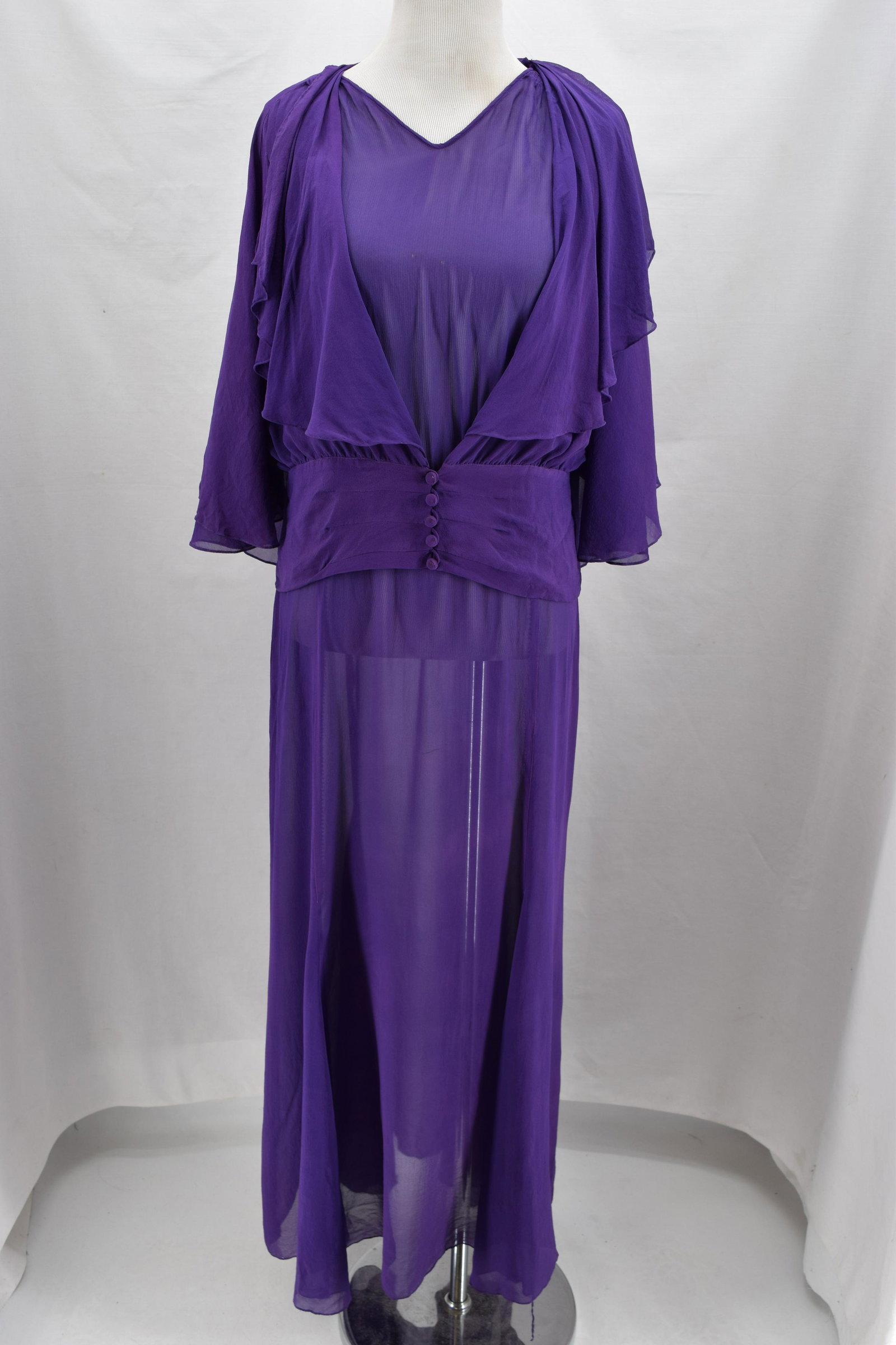 Vintage 1930's Chiffon Gown with Jacket: flounce sleeves, slight V-neck dress sits at waist, side snaps, matching jacket with larger flounce sleeves and band at waist, approx. 40 bust, 34 waist, some unevenness to color
