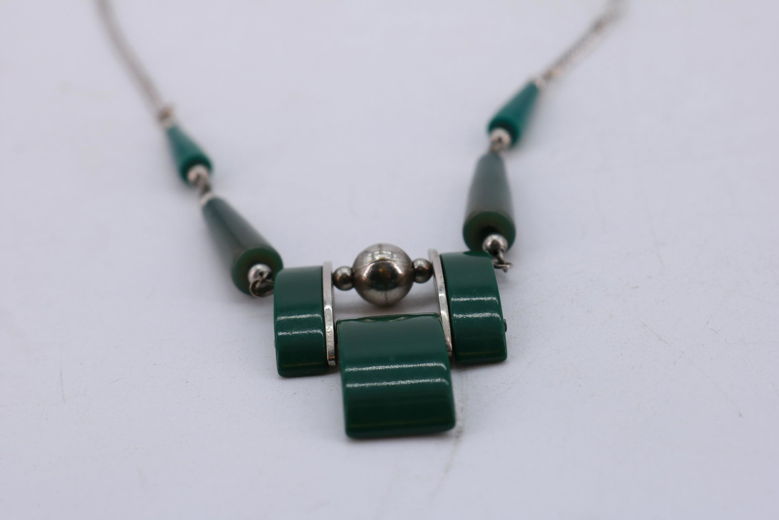 Vintage 1930's Sterling & Bakelite Deco Necklace,: dark emerald green, great design, marked sterling, B.A.R. approx. 26 long