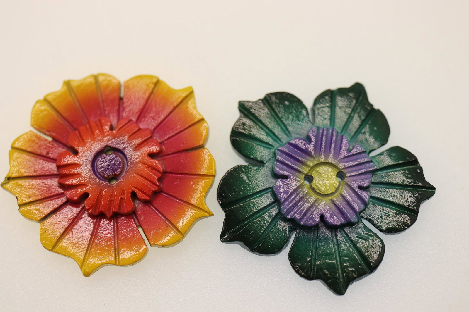 Vintage Hand Painted Wood Flower Buttons, 1990's: Green 1 1/2 wide, Orange 1 3/8 wide