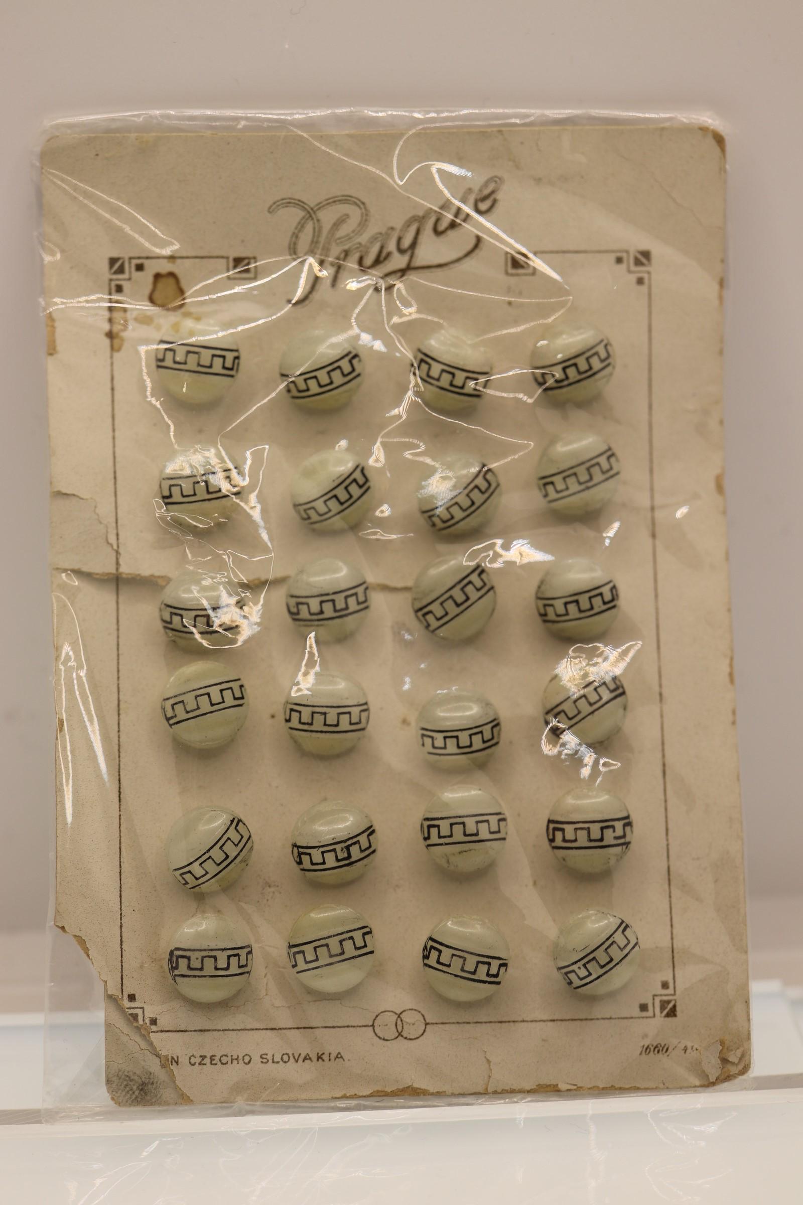 Old Store Stock Czech Glass Deco Buttons, 1930's: card of 24 Czechoslovakia glass buttons, 1/2 inch each