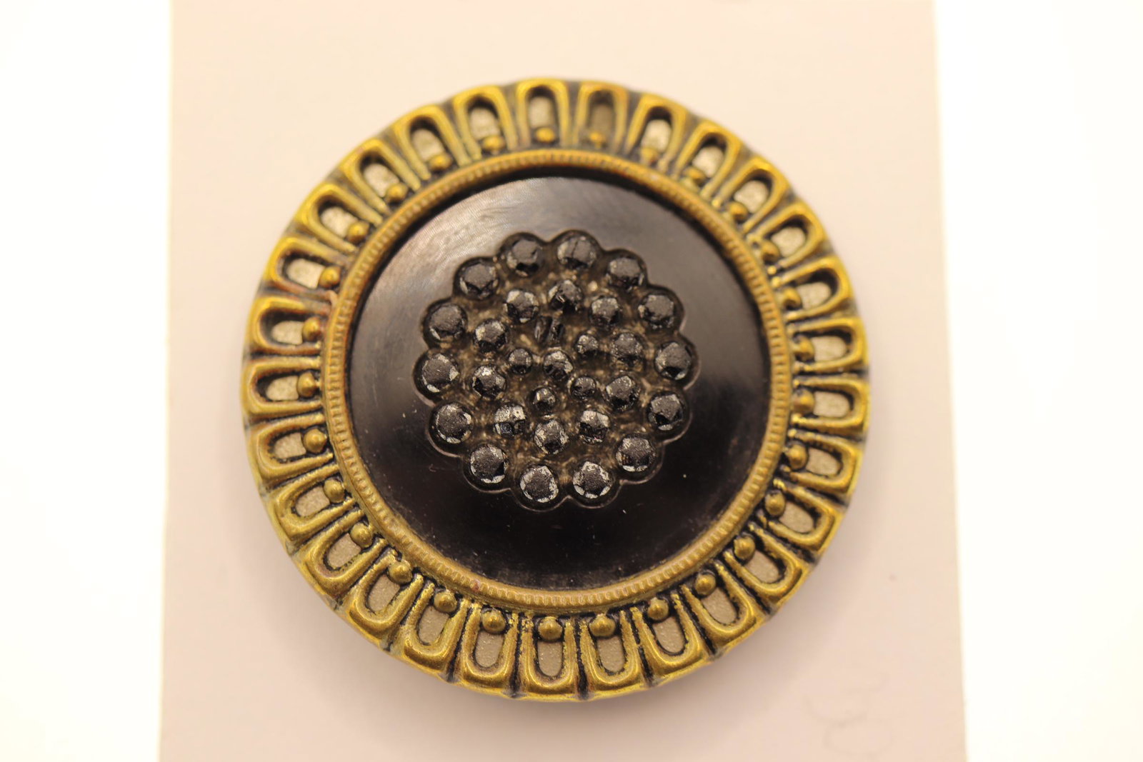 1870/80 Steel Cut, Celluloid & Brass Button: nice button for old coat or cape, 1 1/2 wide