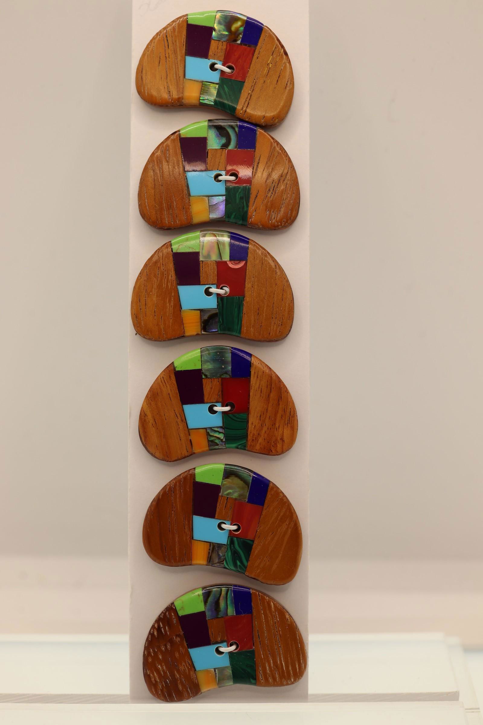 Set of 6 Wood & Abalone Inlay Buttons, 1990's: nice color and shape, 1 1/4 inch wide