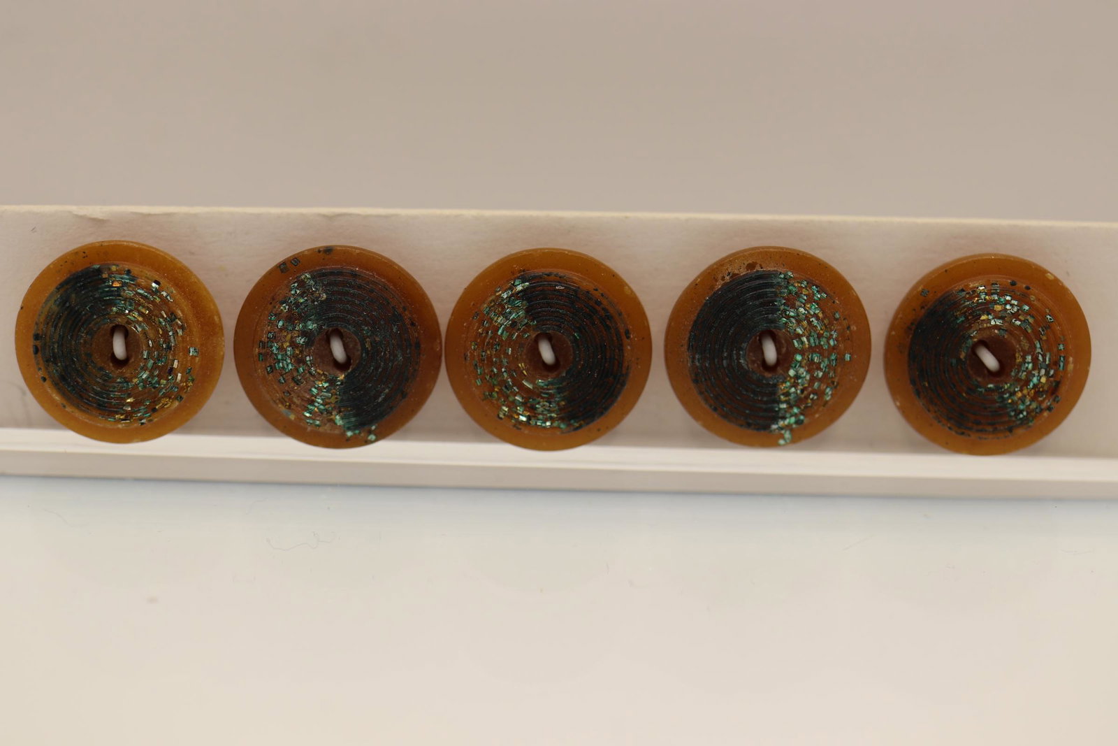 Set of 5 Composition Fleck Buttons, 1860-70: brown with green fleck, 5/8 inch