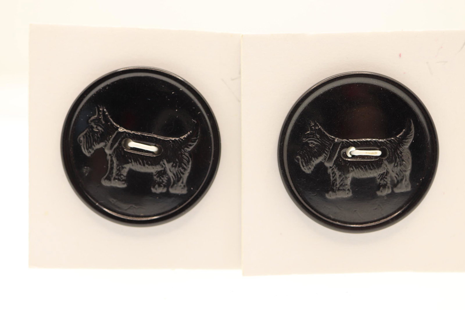 Pair of 1940's Bakelite Scottie Dog Buttons: raised design Scottie dogs, 1 inch wide