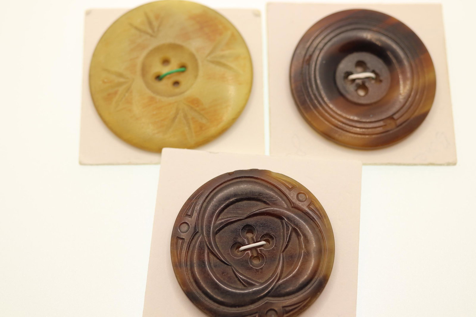 Lot of 3 Horn Buttons, circa 1860-70: 3 different carved horn buttons, 1 1/5 - 1 3/4 inches