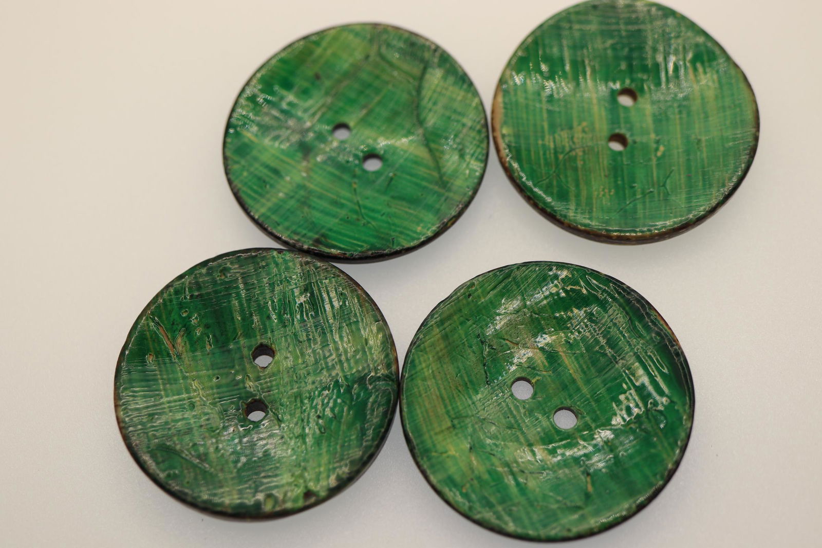 Set of 4 Green Painted Coconut Buttons, 1940's: great coat or sweater buttons, 1 1/2 inches wide