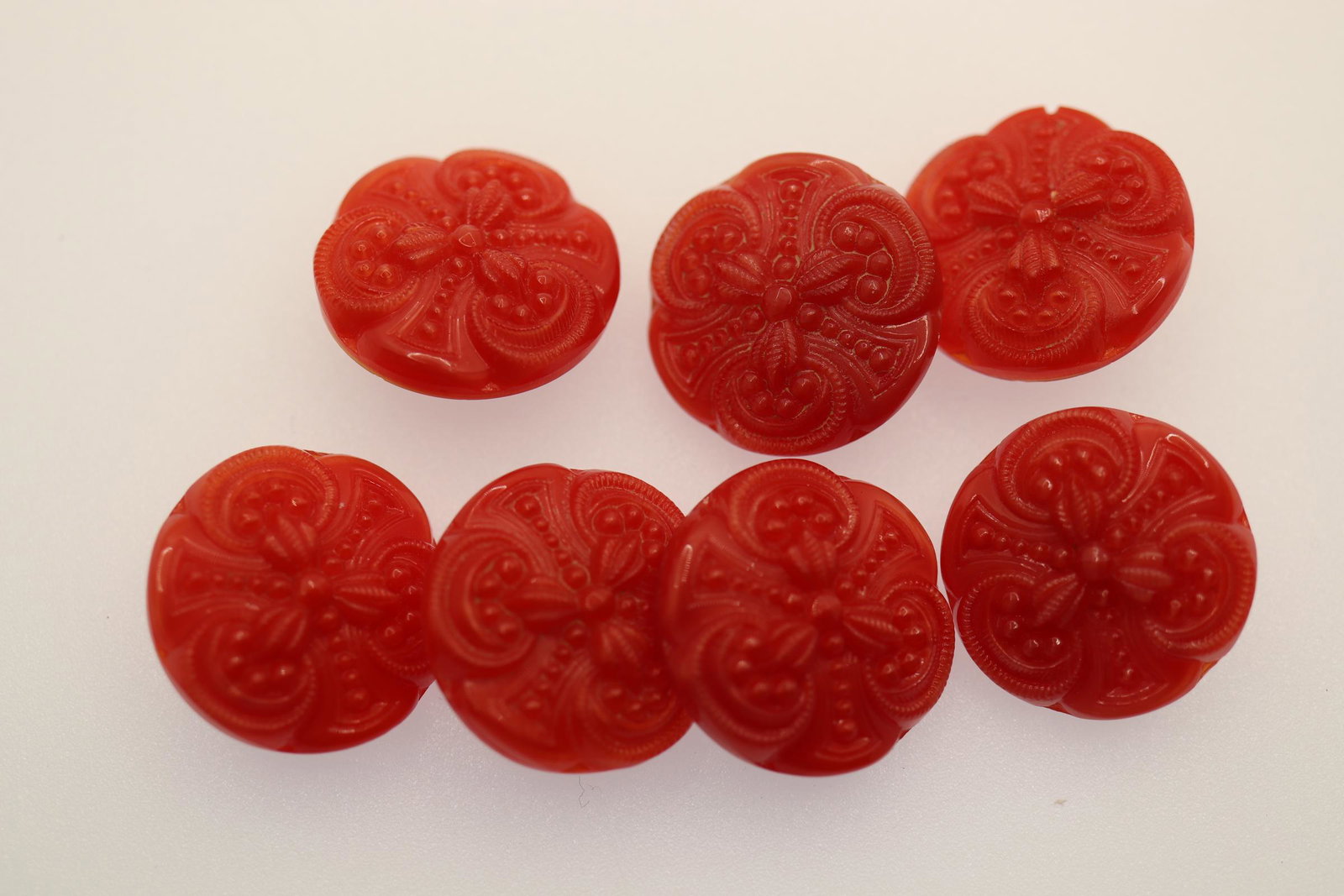 Set of 7 Red Czech Glass Buttons, 1950's: set of 7 Czech glass, 1 inch