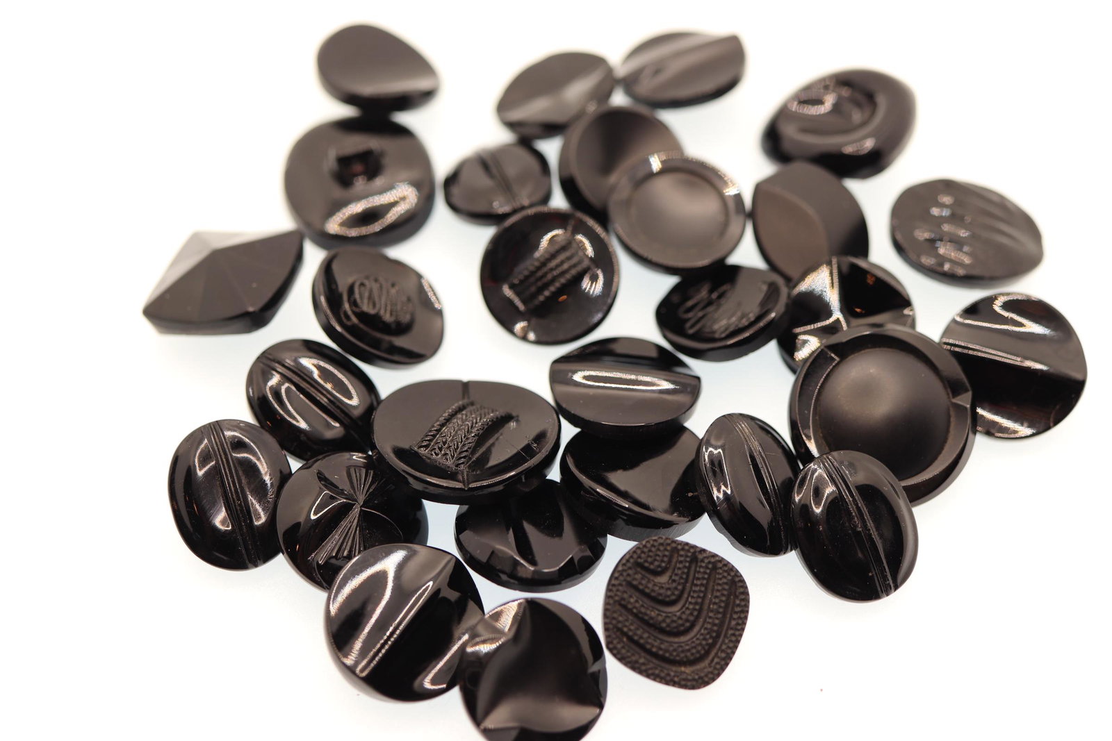 Lot of 29 Black Glass 1950-60's Czech Buttons: mostly Czech, all black different designs, 3/4-7/8 inch