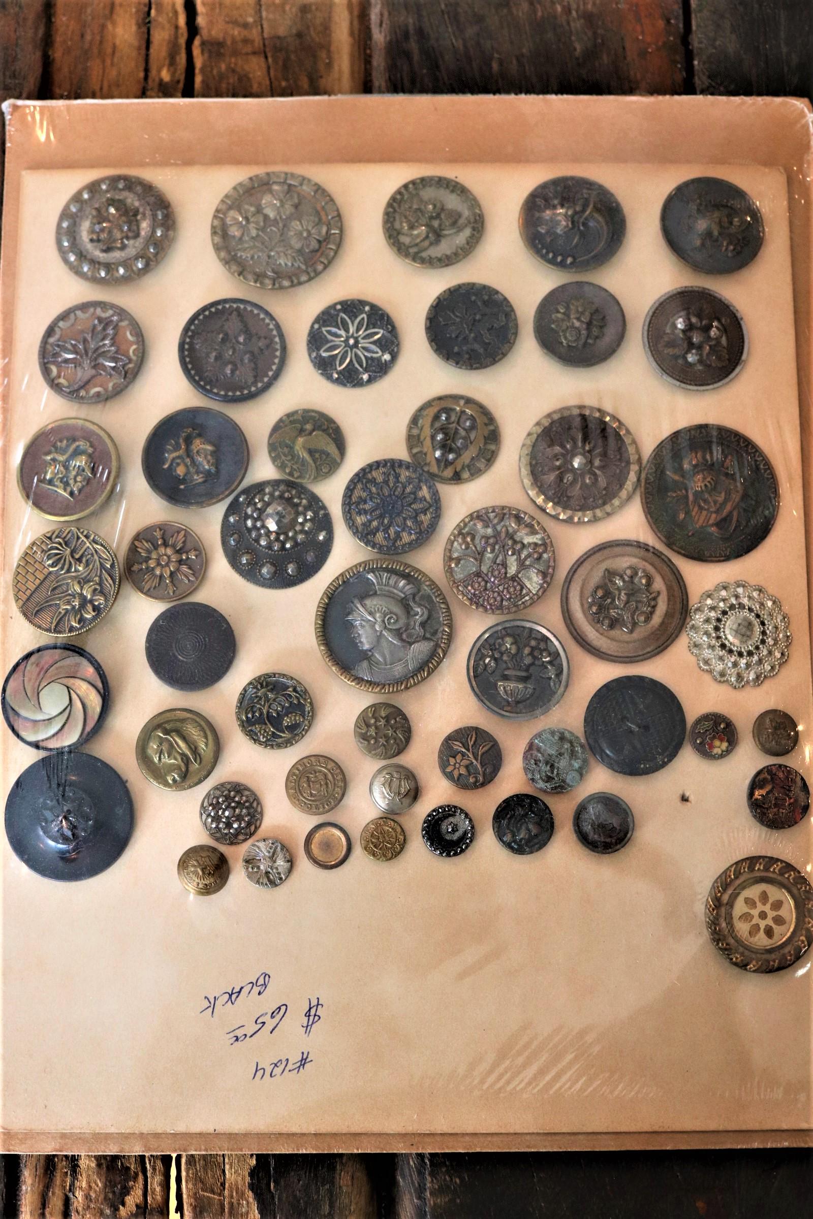Lot of 49 Antique 1800's Metal Buttons in Sealed: Roman Warrior Soldier, crest, bird dog, cornucopia, harp, one glass, enamel painted, marcasite and many other great early buttons, approx. 7/16 to 1 5/8